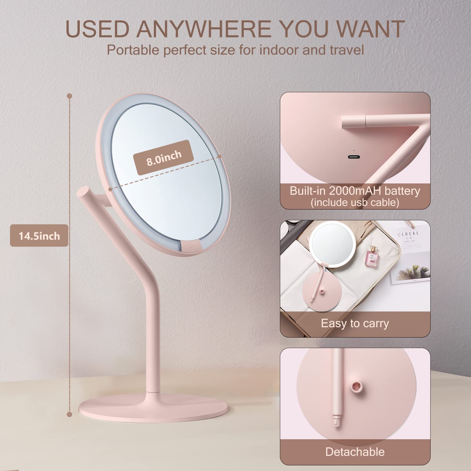 AMIRO Professional 8 LED Lighted Makeup Mirror with 5-Level Brightness, with 5X Magnifying Small Mirror, Tabletop Rechargeable C