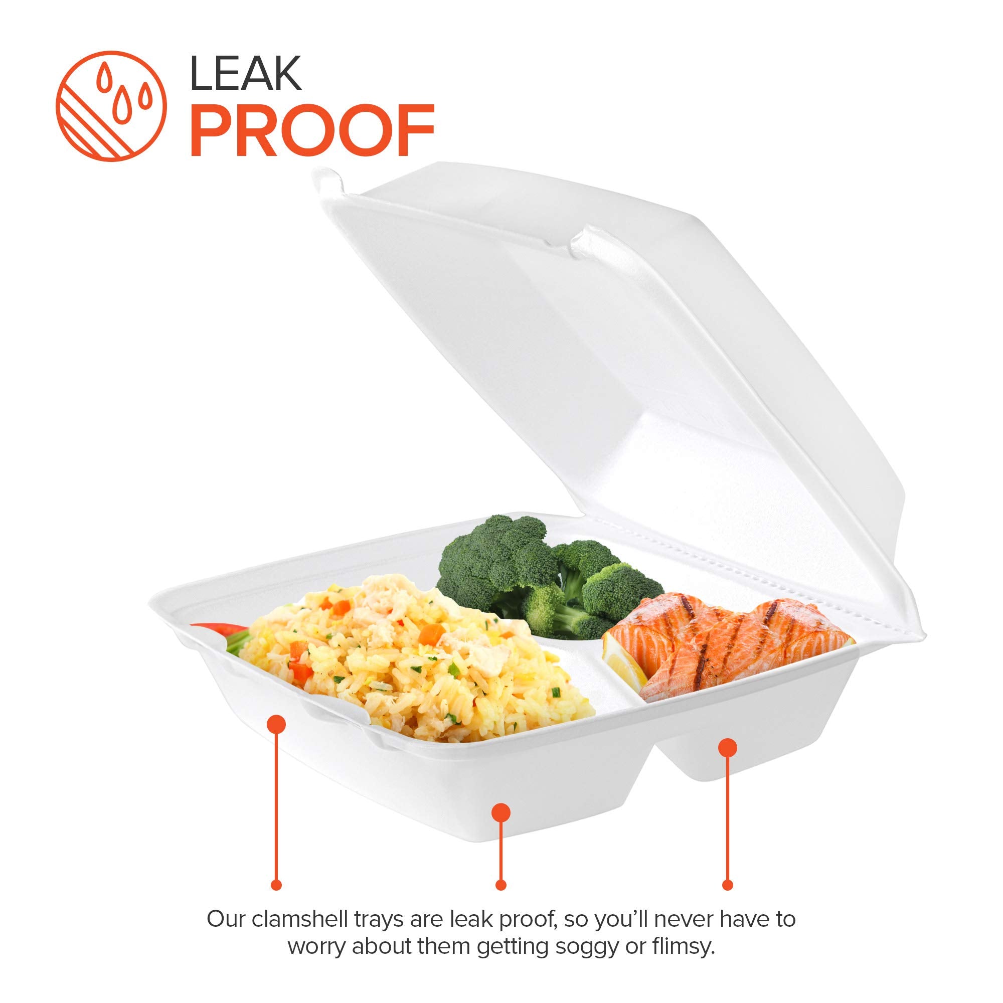 Stock Your Home 8X8 Clamshell Take Out Boxes (25 Pack) Medium 3-Compartment Foam Food Containers Disposable Lunch Container, Res