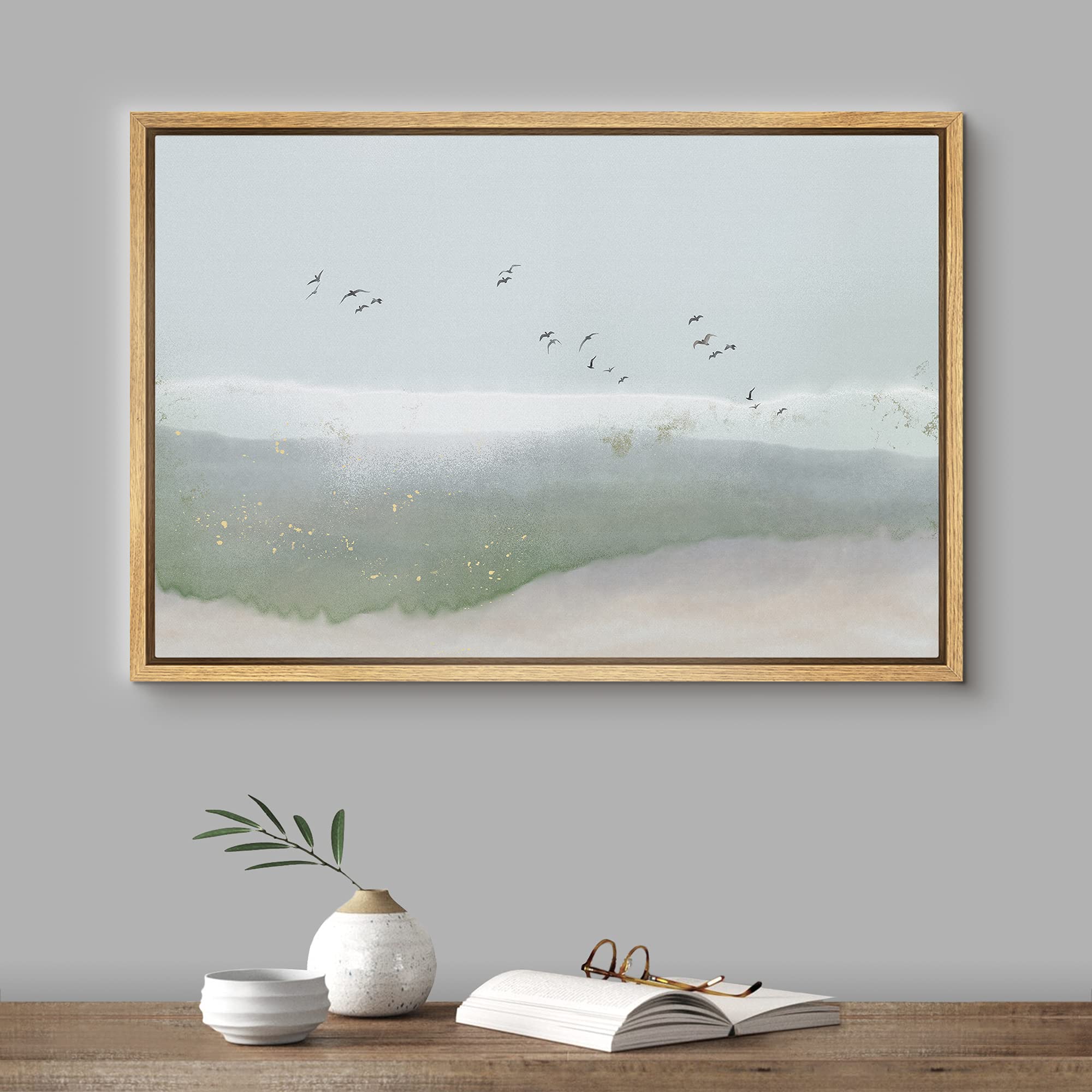 Signford Framed Canvas Print Wall Art Gray & Green Watercolor Sky With Birds Abstract Shapes Illustrations Modern Art Bohemian S