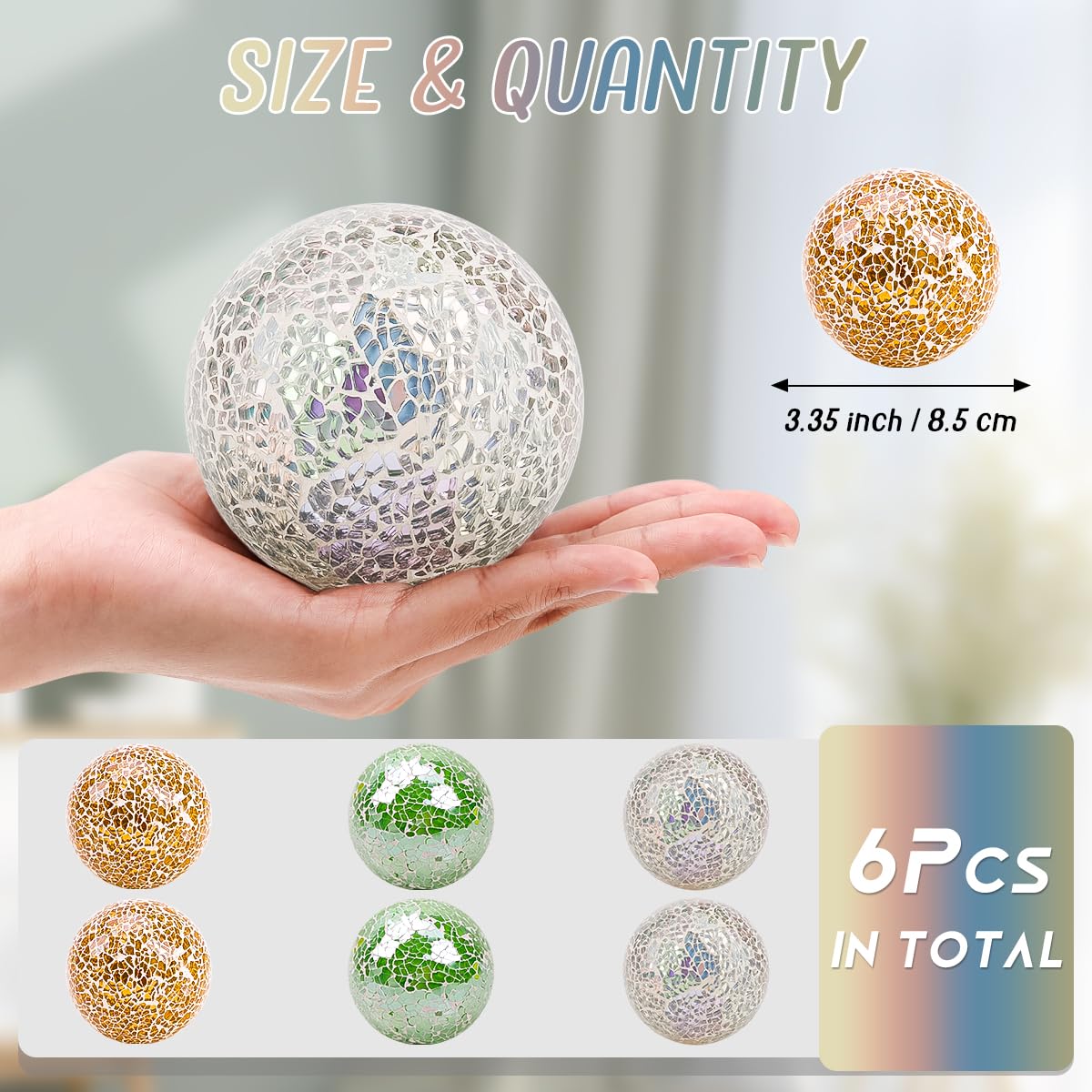 Yatinkim Mosaic Glass Ball 3pcs Decorative Balls for Bowls 3.35inch White Gold Green Colorful Mirror Orbs Sphere for Living Room