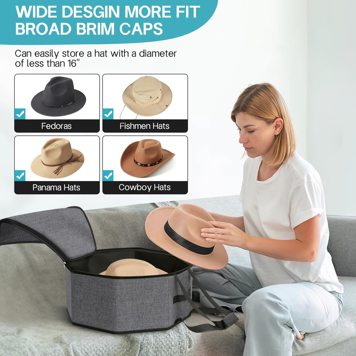 SLEEPING LAMB Collapsible Hat Box Organizer, 16''L x 7''H, Grey Fabric Case for Travel & Storage, Model QB0115-Hat-GY
