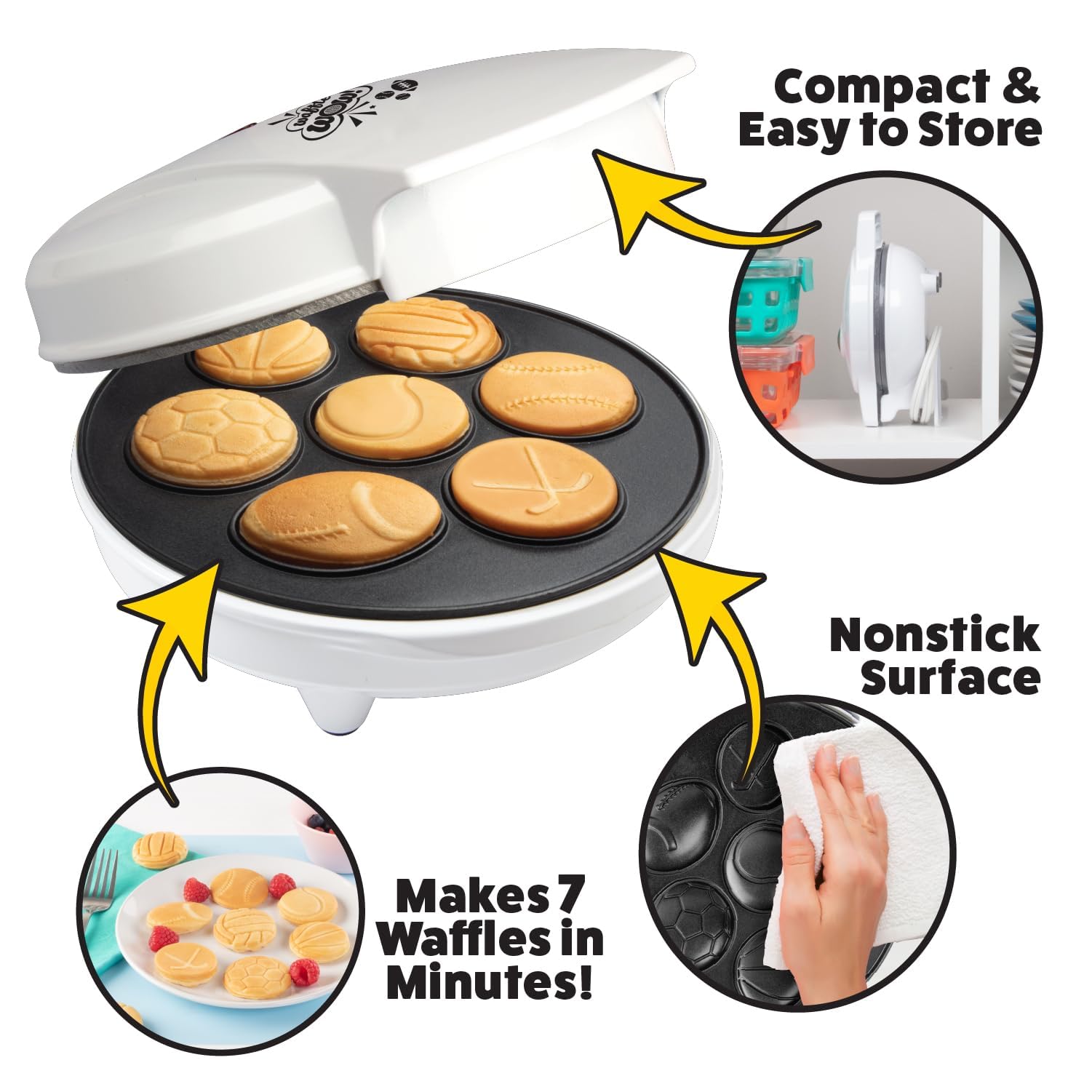 Sports Waffle Maker- Make Breakfast a Slam Dunk for Kids- Bakes 7 Themed Pancakes Including Football  Baseball  Basketball  Soccer  Tennis & More- Electric Nonstick Pan Cake Baker- Eat on the Go
