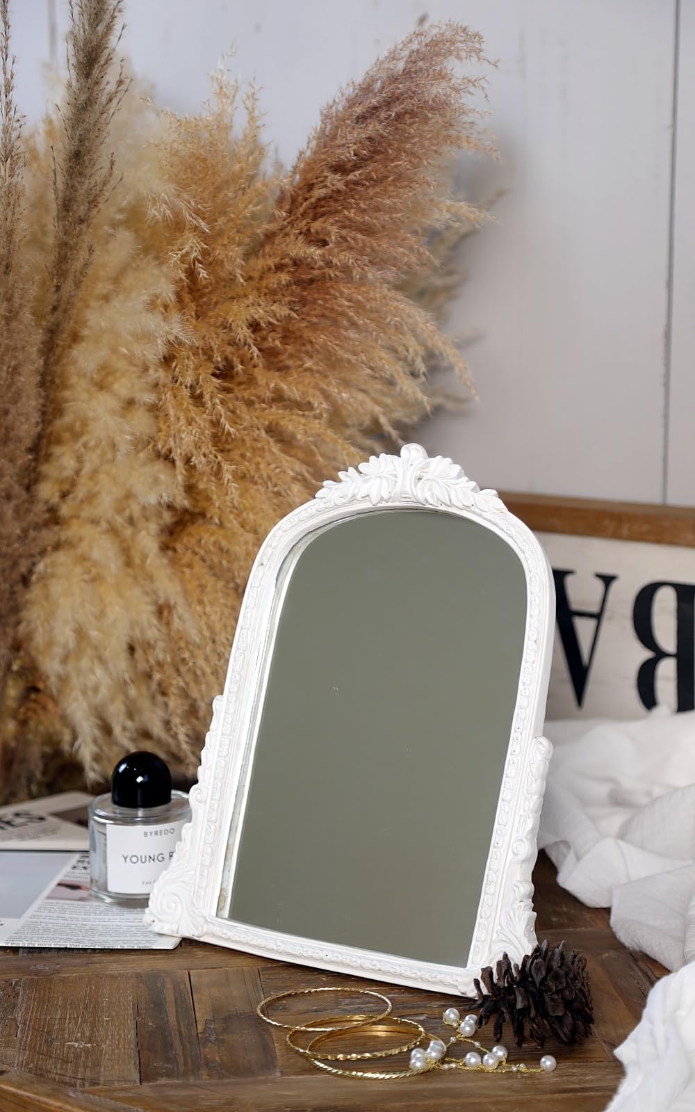Vintage White Vanity Makeup Mirror, Antique Arch Table Mirror with Carved Resin Frame, Small Standing Mirror for Bedroom, Living