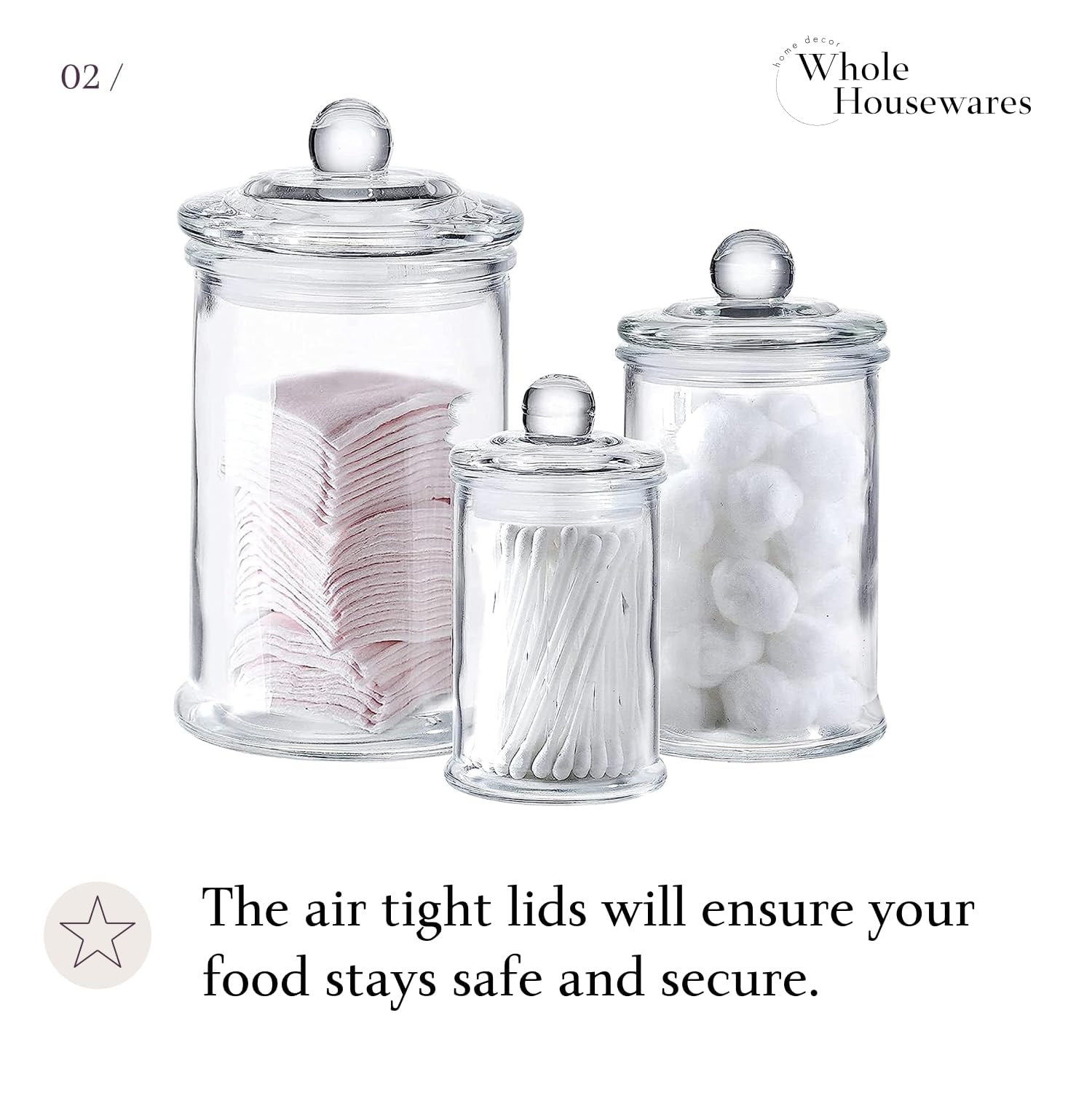 Whole Housewares - Set Of 3 Bathroom Canisters - Storage Container Jars - Premium Glass Apothecary Jars With Lids - Small Glass