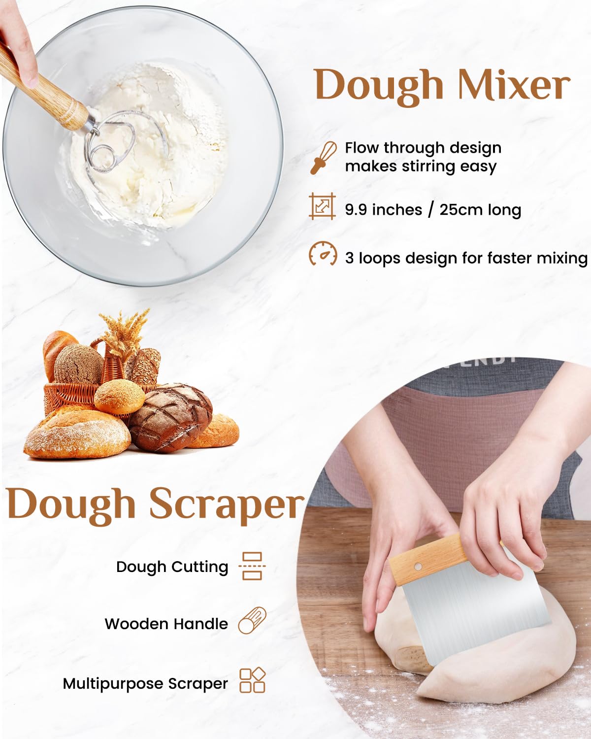 Pitch Pulse Bread Proofing Basket Set, 9 Inch Round + 10 Inch Oval Banneton Bowl, Sourdough Bread Making Tools Kit With Dough Wh