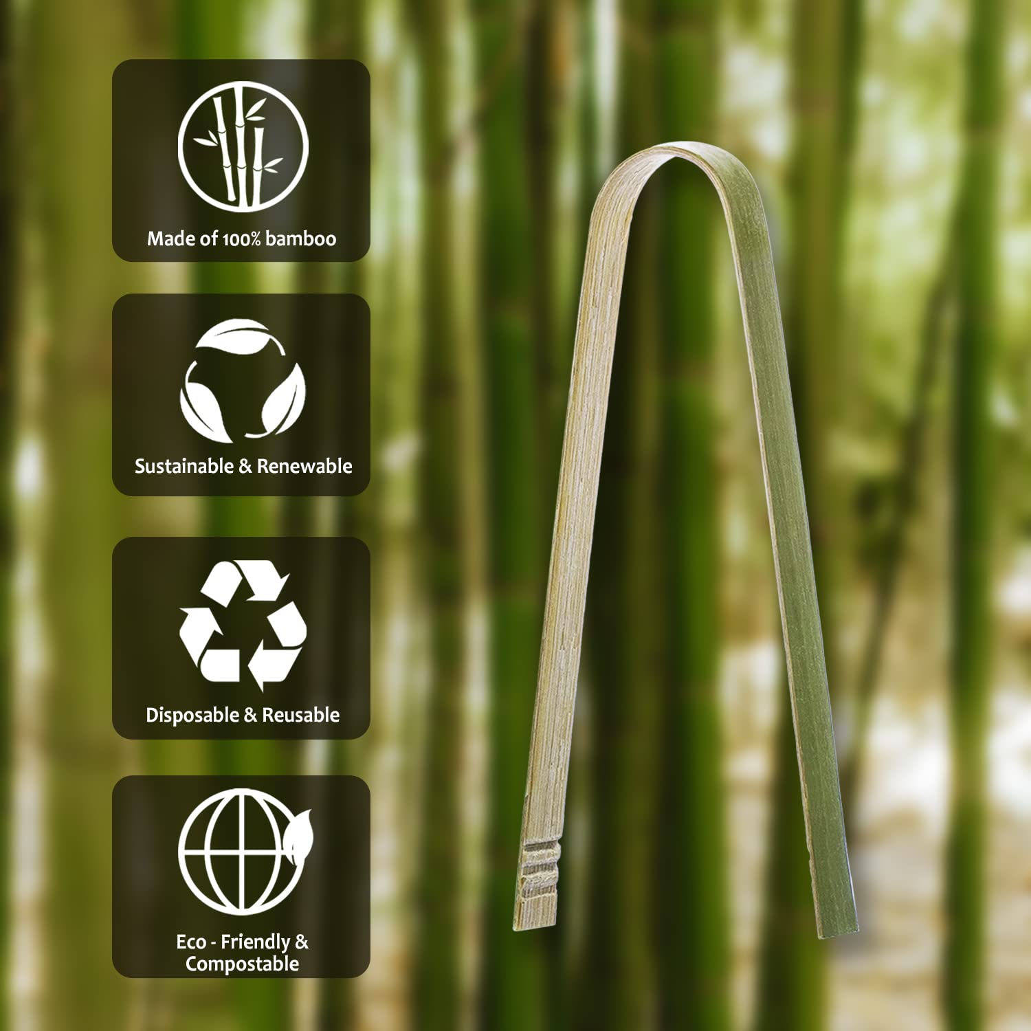 Party Essentials Bamboo Disposable Green Mini Tongs, Toast Serving Utensils, 6'' Length, 50-Count, Natural