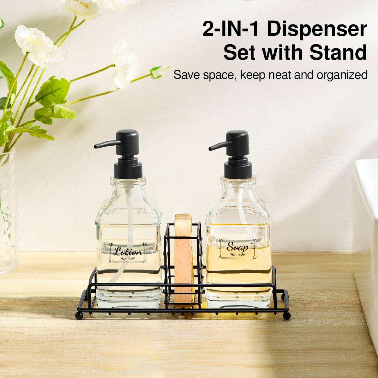 Shinowa Kitchen Soap Dispenser Set, Hand And Dish Soap Dispenser Set With Tray, 2-Pack Thick Glass Soap Dispenser For Kitchen &
