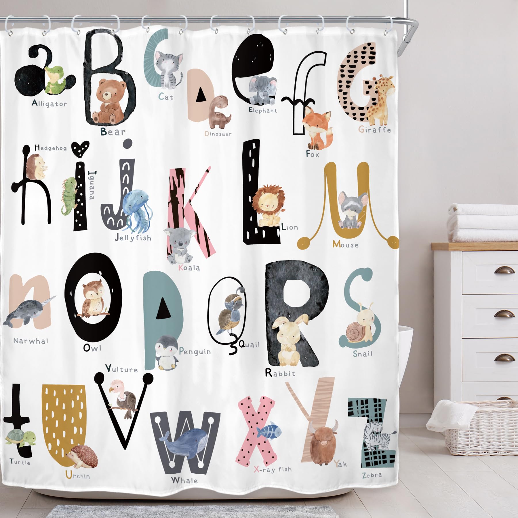 Riyidecor Kids Abc Learning Alphabet Shower Curtain For Bathroom Decor 60Wx72H Educational Study Boys Baby Children Funny Large