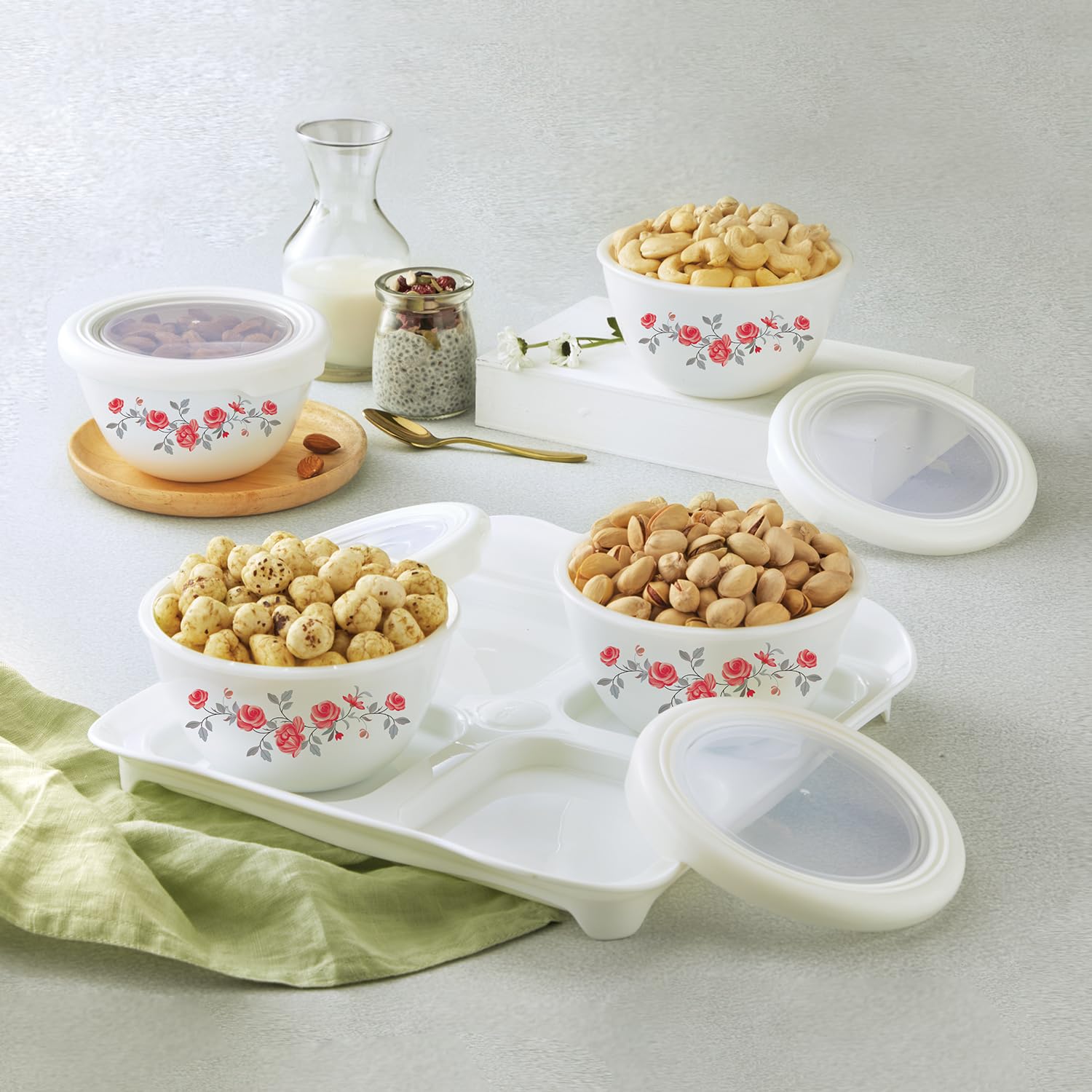 Cello Tiffany Red Rose Fantasy Dry Fruit Set | Set Of 4 | Serving Bowl | Serving Tray | Containers With Lid | 500Ml, White