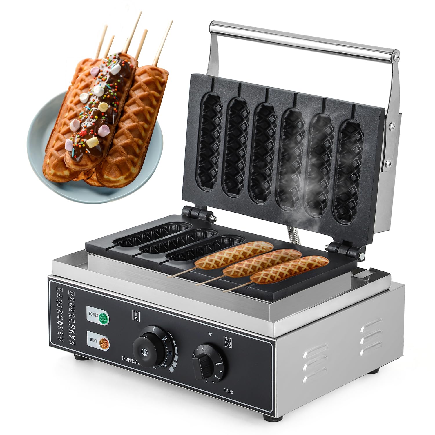 Cgoldenwall Commercial/Home Corn Dog Waffle Maker Machine 1550W 6Pcs French Muffin Irons Non-Stick Stainless Steel Waffle Stick