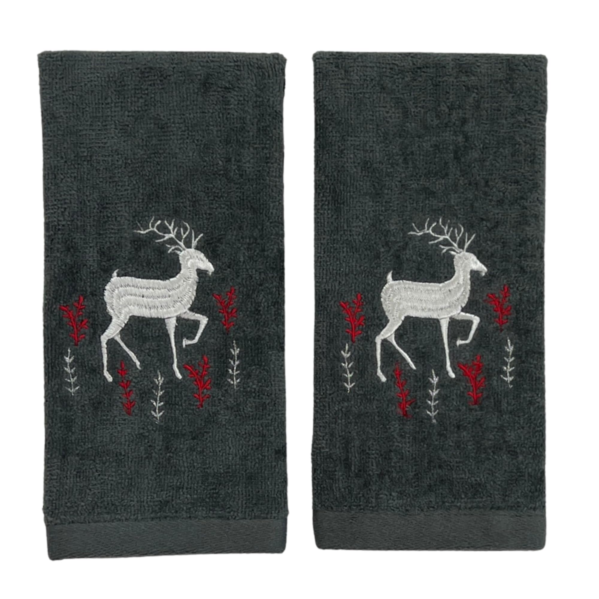 Holiday Christmas Cotton Towels: Noble Reindeer Buck Deer Design, Gray Silver Red White, Set Of 2