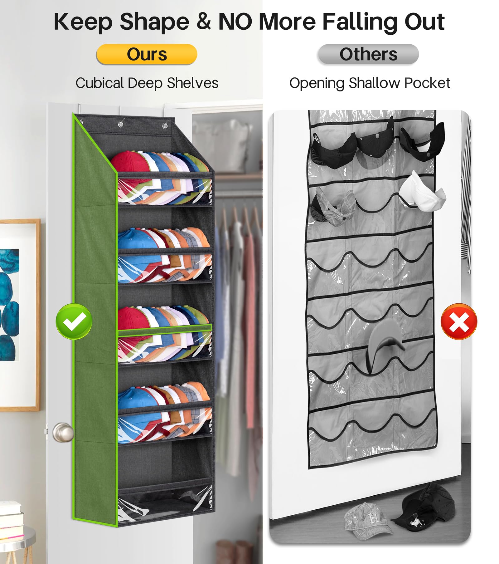 Sleeping Lamb Over Door Hat Racks For Baseball Caps, Clear Deep Pockets Hat Organizer For Closet Or Wall Hold 60 Hats Storage Ho