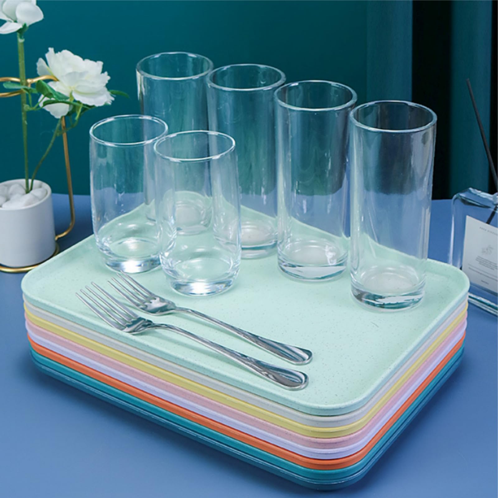 Lyellfe 8 Pack Fast Food Serving Tray, 15 By 10-Inch Wheat Straw Cafeteria Tray, Colorful Restaurant Serving Trays, Rectangular