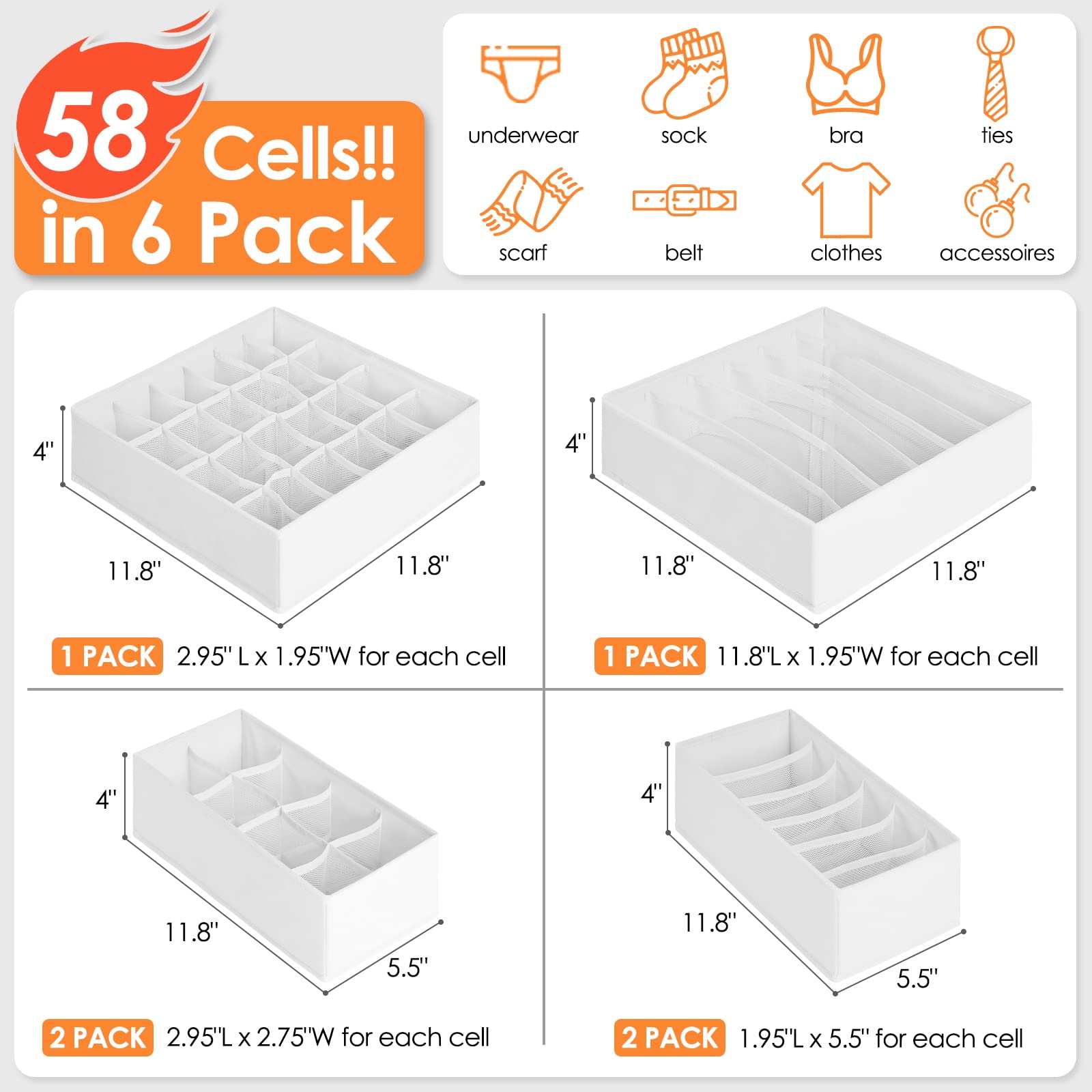 6 Pack Sock Underwear Drawer Organizer Dividers, 58 Cell Foldable Fabric Dresser Closet Organizers and Storage Bins for Clothing