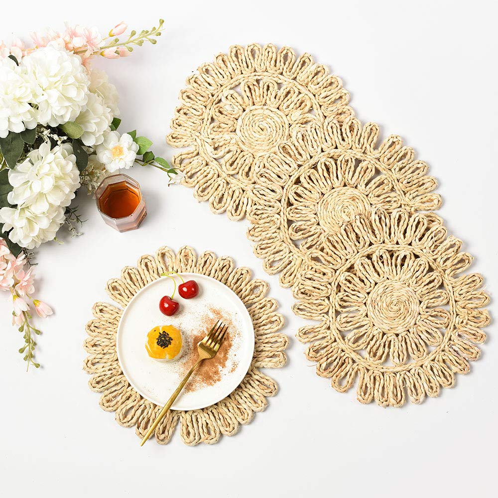 Icosamro Round Woven Placemats For Dining Table Set Of 6, 11 Inch Small Boho Placemats Natural Braided Rattan Rustic Wicker Char