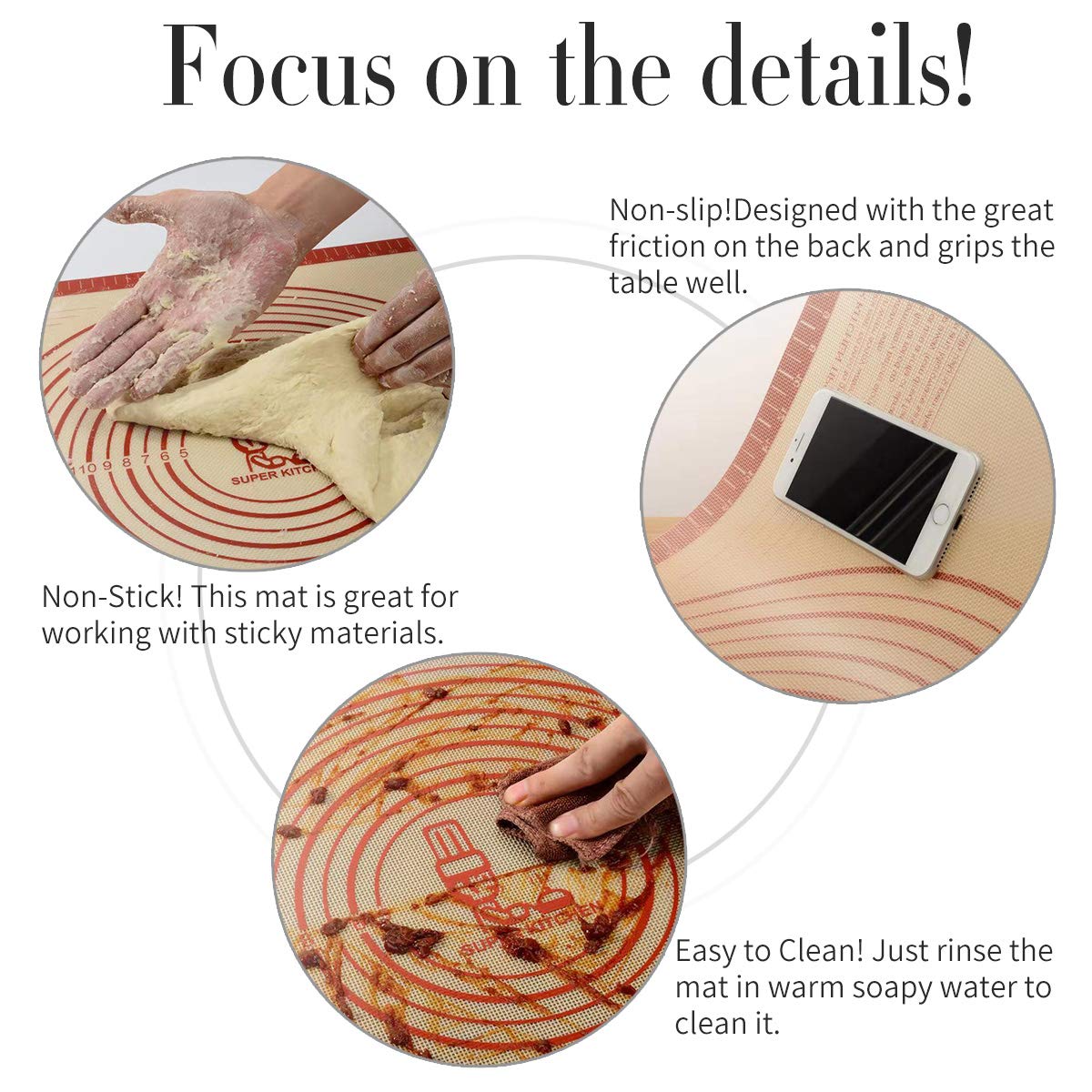 Extra Thick Silicone Pastry Mat Large For Nonstick Baking Mat With Measurement,For Kneading Mat,Fondant/Counter Pad, Dough Rolli