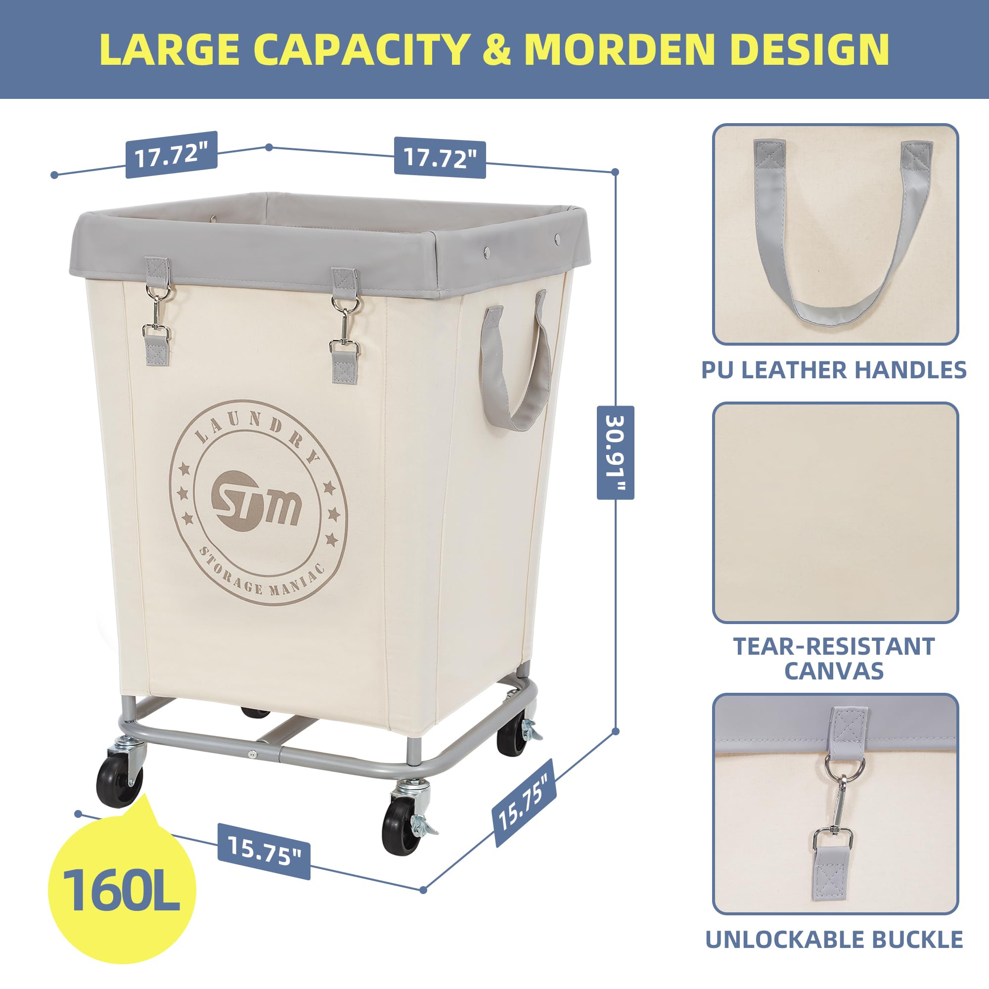 Storage Maniac Commercial Laundry Hamper With Heavy Duty Steel Frame, 160 L Industrial Laundry Basket Cart With Wheels For Hotel