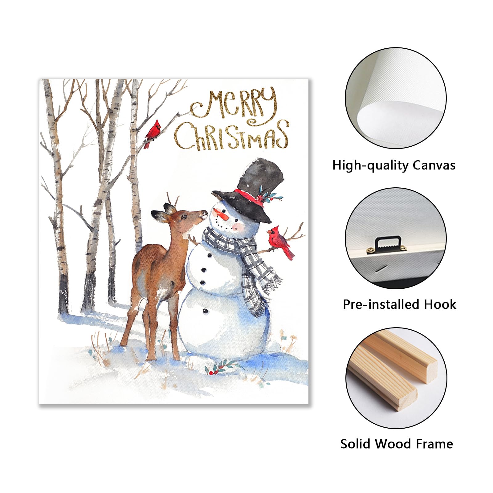 Merry Christmas Canvas Wall Art: Snowman Deer And Cardinal Red Bird Christmas Decor Picture Print - Winter Scene Painting White