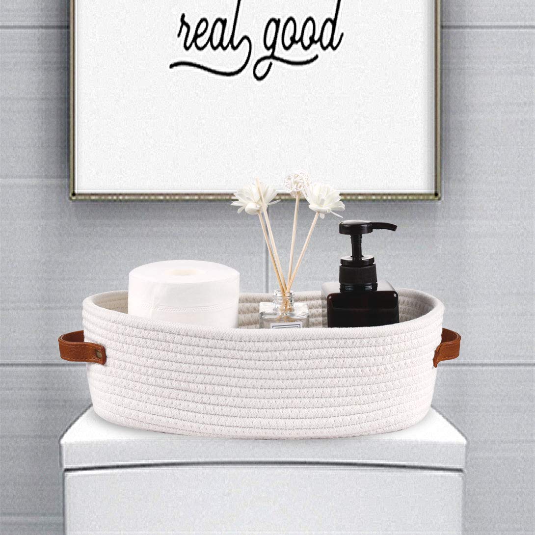 Oradrem Woven Storage Basket for Toilet Tank Top Farmhouse Home Decor Organizing Baskets for Bathroom Table and Counter 13 ''x5.9 ''x4 '' White