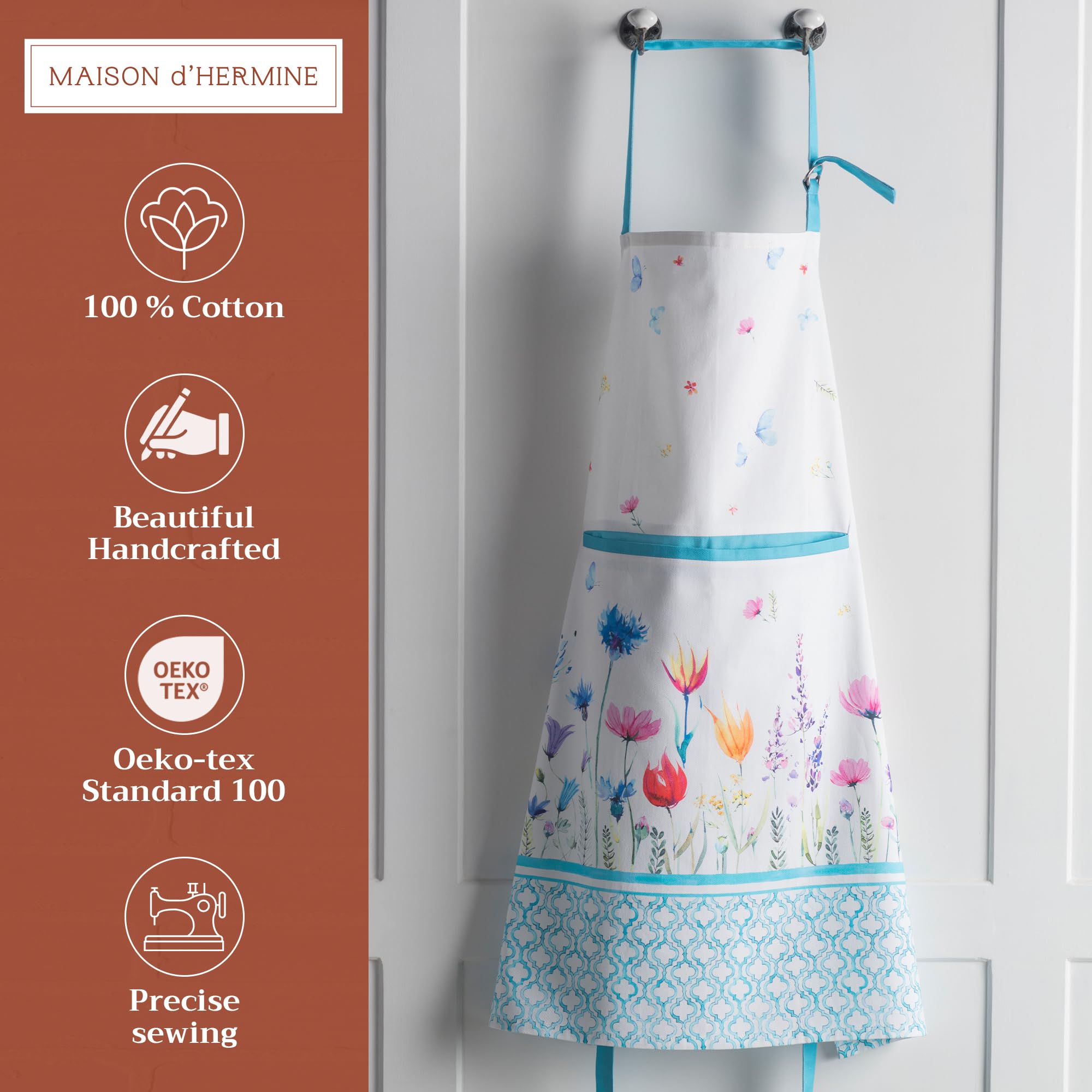 Maison D Hermine Apron 100% Cotton 1 Piece Adjustable Neck Strap Apron With Center Pocket & Long Ties For Gifts, Chef, Women & M