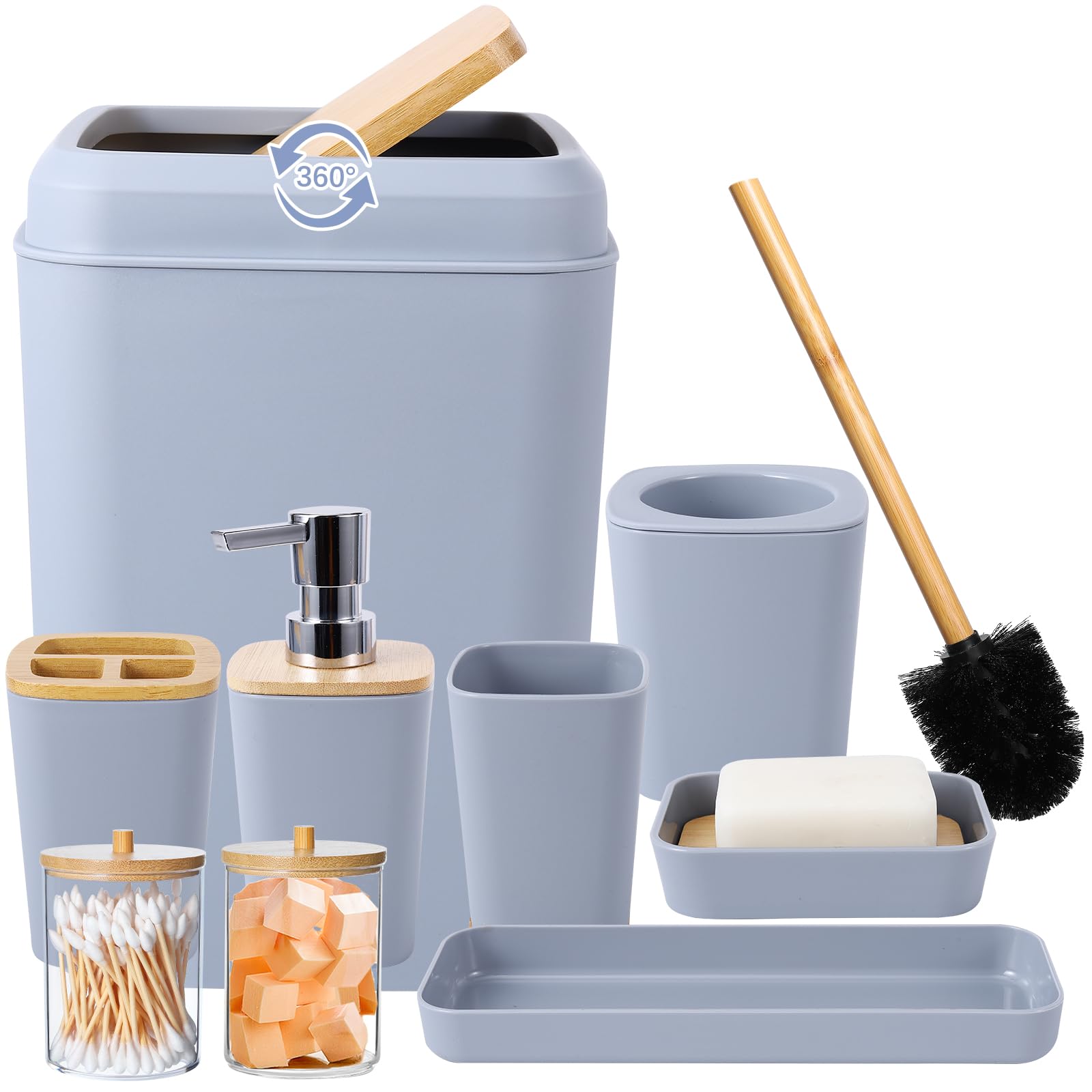 Grey Bathroom Accessories Set With Trash Can 9 Piece Grey Bathroom Decor Toothbrush Holder,Toothbrush Cup,Lotion Soap Dispenser,