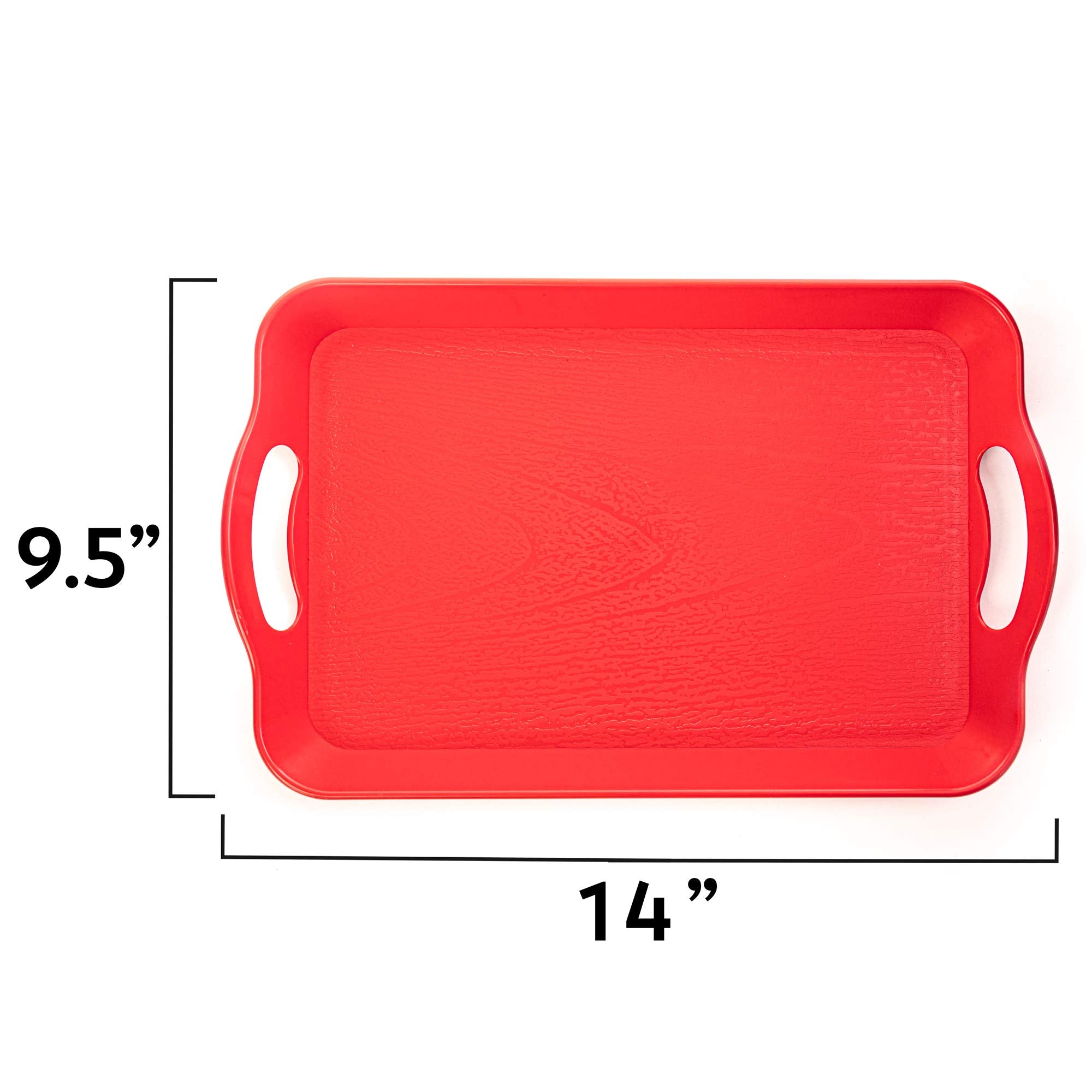 Handled Cafeteria Tray - 14'' X 9'' Rectangular Wood Grain Textured Plastic Food Serving Tv Tray - Great For Restaurant Buffets,