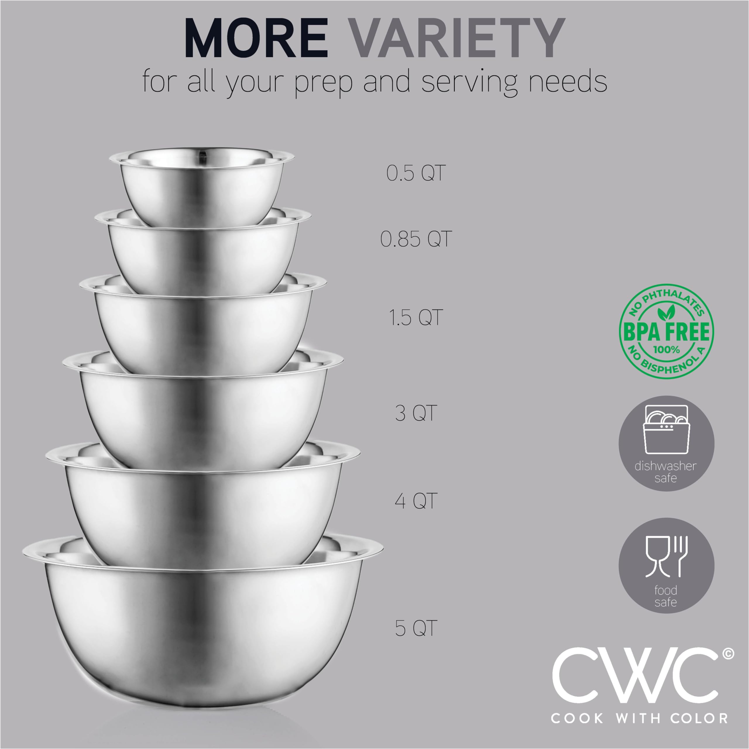 Cook With Color Stainless Steel Mixing Bowls - 6 Piece Stainless Steel Nesting Bowls Set Includes 6 Prep Bowl And Mixing Bowls