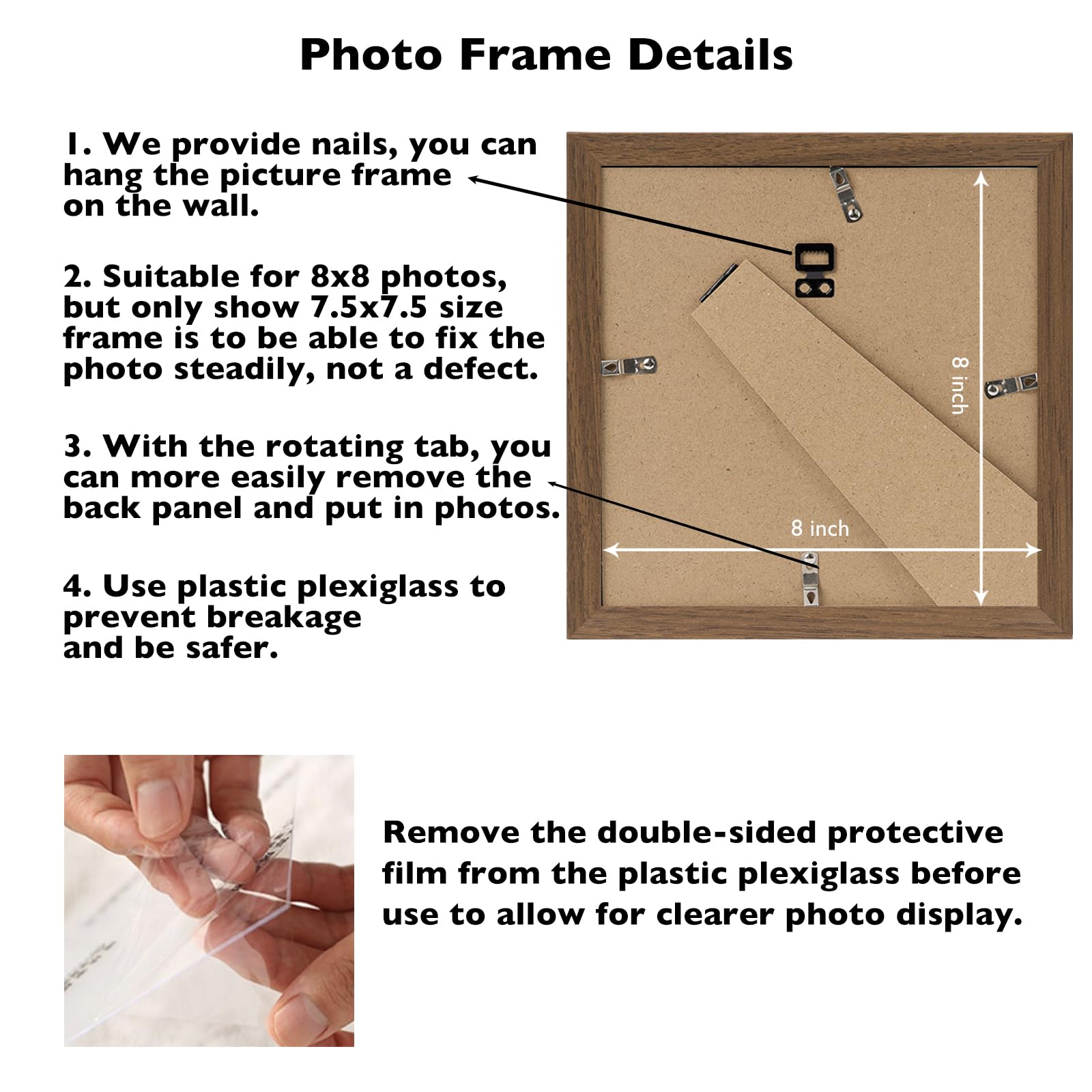JCJMY 8x8 Picture Frame Brown for Wall Hanging or Tabletop, Wall Mounting Horizontally or Vertically, 8 x 8 Square Wall Gallery