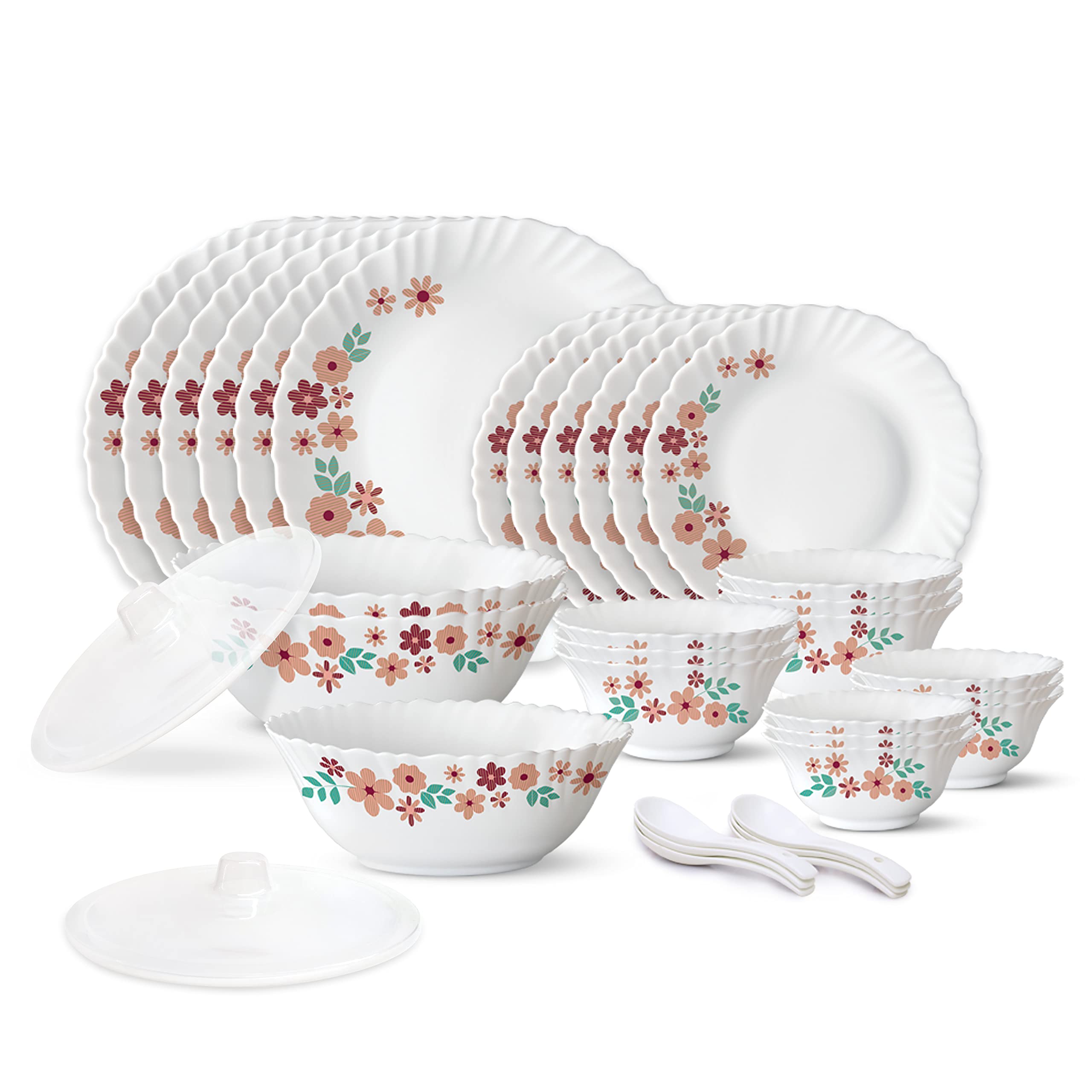 Larah By Borosil Ayana Silk Series Opalware Dinner Set | 35 Pieces For Family Of 6 | Microwave & Dishwasher Safe | Bone-Ash Free