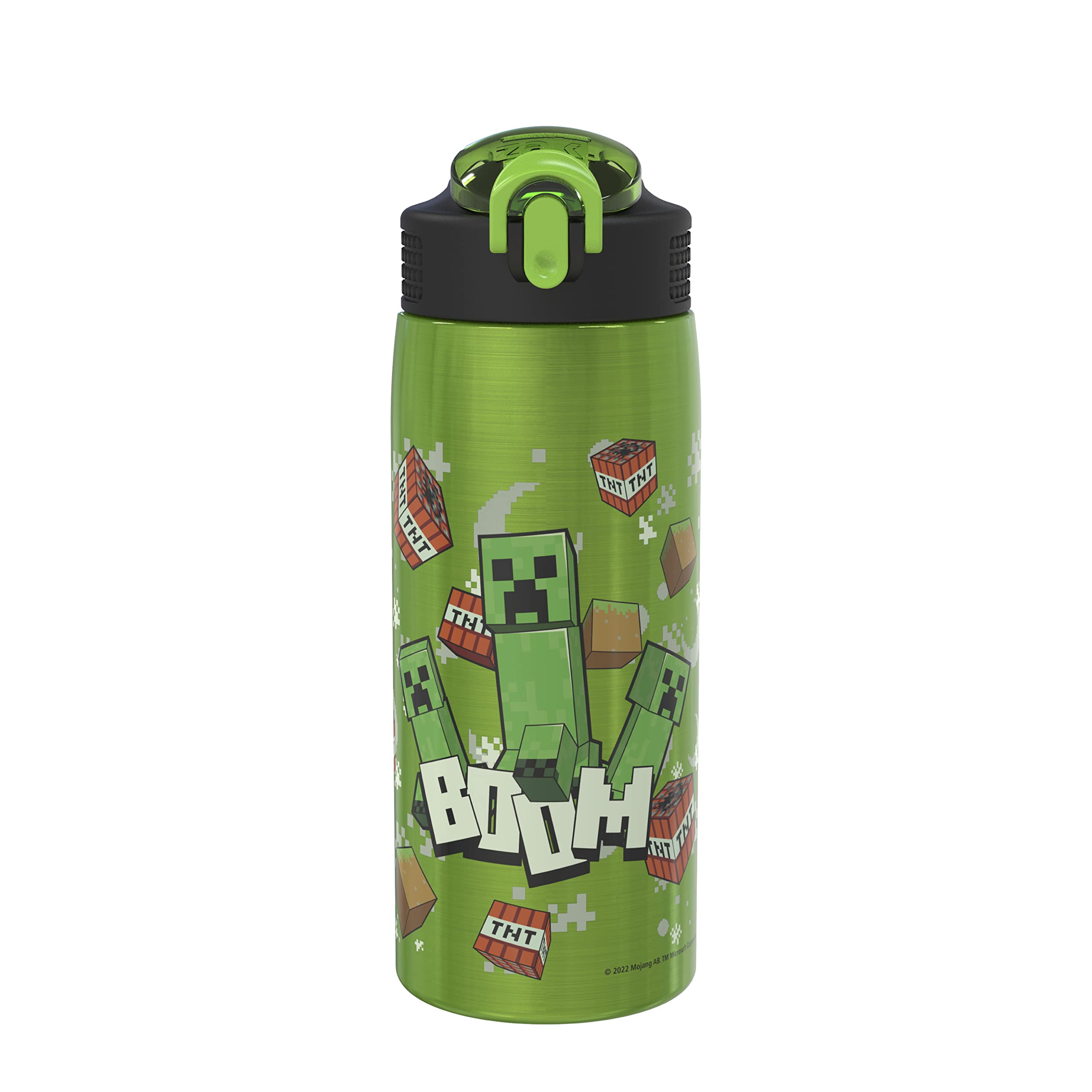 Zak Designs Minecraft Water Bottle for Travel and At Home, 19 oz Vacuum Insulated Stainless Steel with Locking Spout Cover, Buil