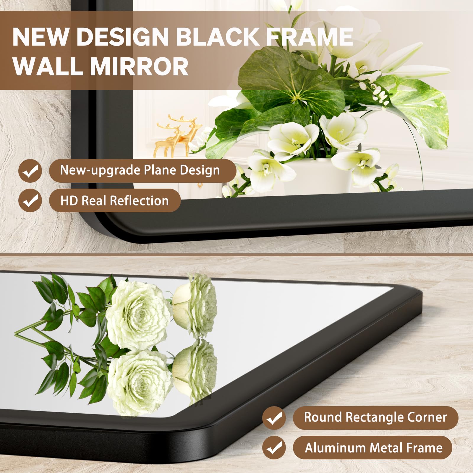 Pertetey New Upgrade 72X36 Inch Wall Mounted Bathroom Mirror, Black Metal Frame Rounded Rectangle Mirror, Bathroom Vanity Mirror