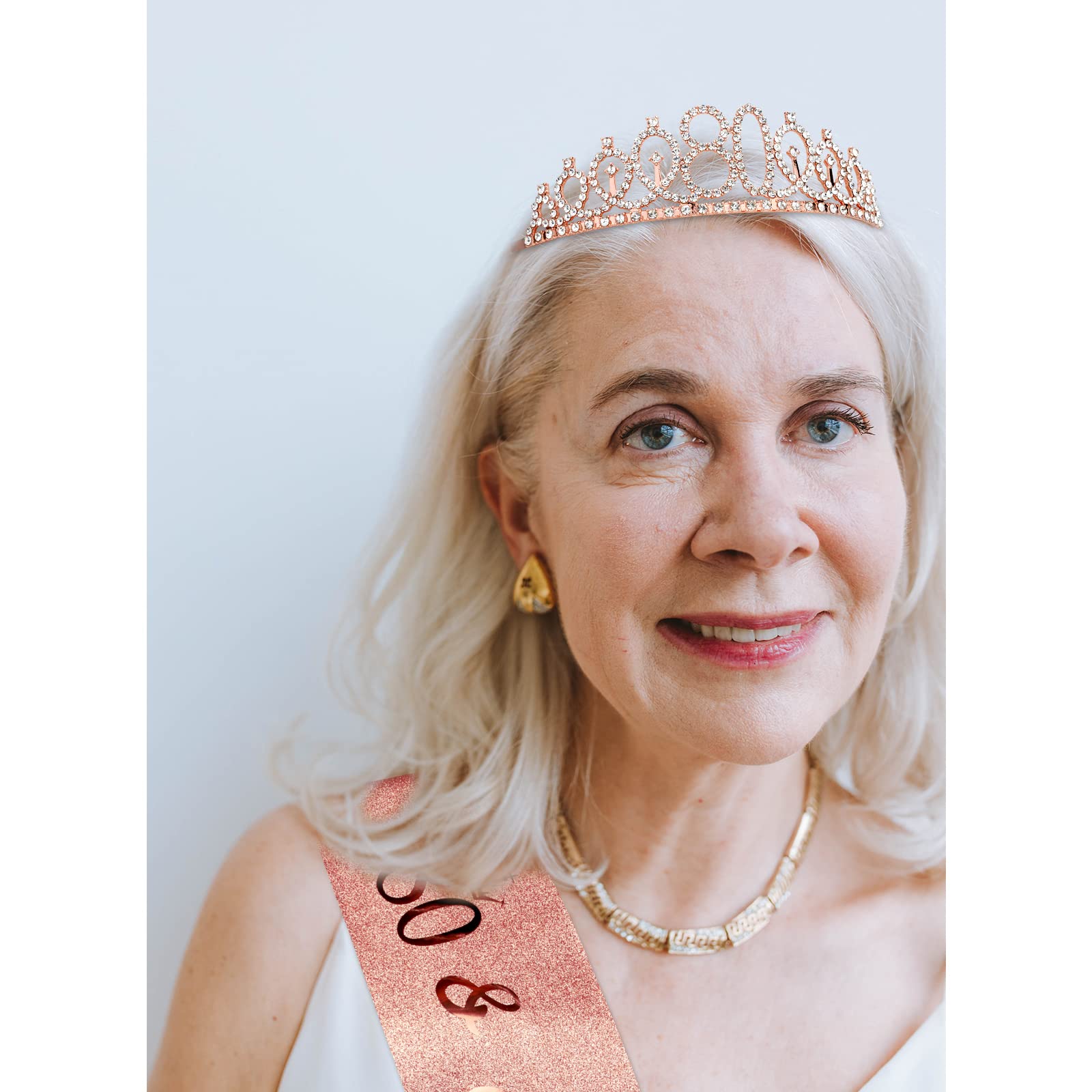 Cieher 80Th Birthday Crown + Sash + Pearl Pin Set, Elegant Gift For Women 'S 80Th Birthday Party Decorations