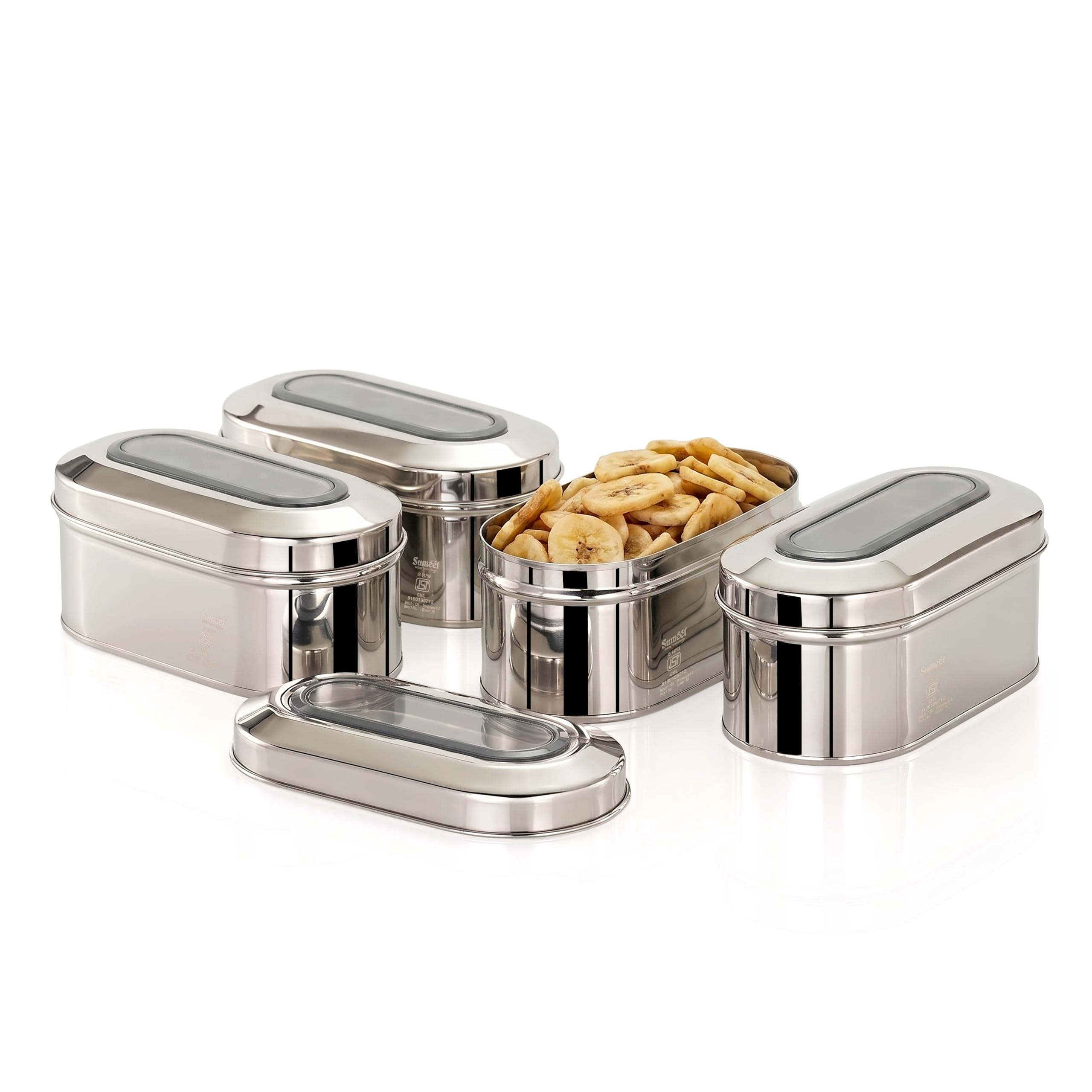 Sumeet Isi Certified Stainless Steel Capsul Canister Container For Kitchen Storage With See Through Lid - Set Of 4 Pcs - 800Ml - Silver