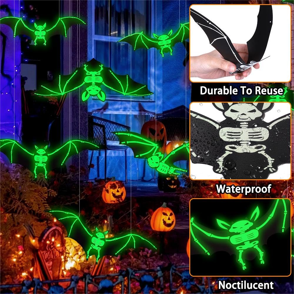 Vellibring 12PCS Halloween Hanging Bats Decorations, Large Plastic Flying Bats with Realistic Scary Glowing Skeleton Bats for Ha