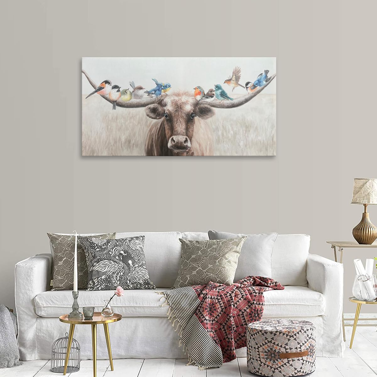 Yelash Living Room Wall Art Longhorn Cow With Birds Farm Canvas Painting For Brown Rustic Country Bathroom Decor 40 X 20