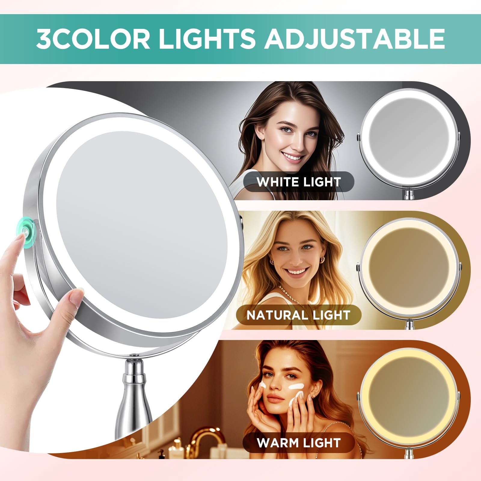Makeup Mirror With Lights, 20X Magnifying Mirror With Light And Stc- Side Charging & Side Touch Switch, Vanity Mirror With 3 Col