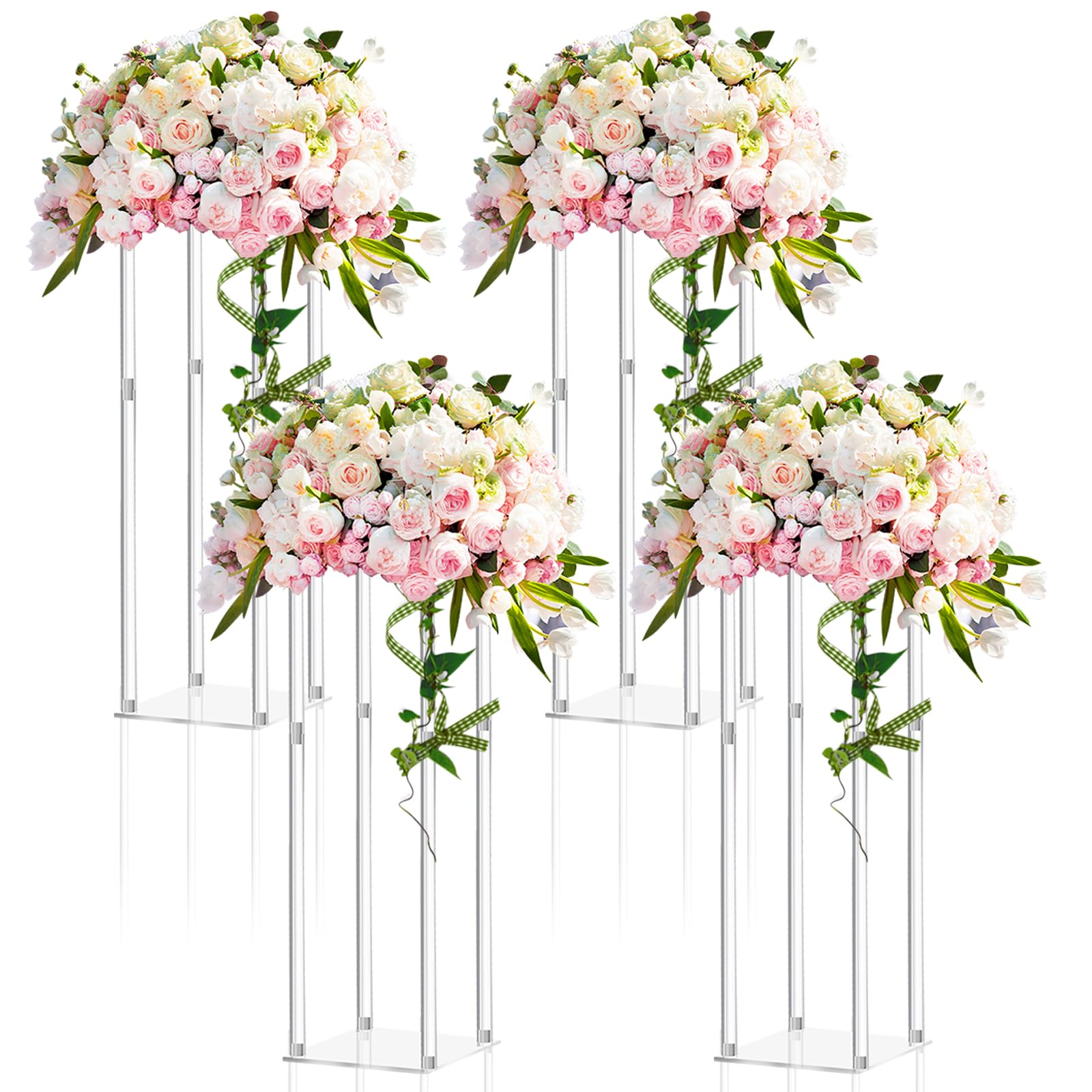 Geetery 4 Pieces Tall Acrylic Vase Wedding Centerpieces Clear Flower Stand Column Geometric Floral Vase Elegant Display Holder f