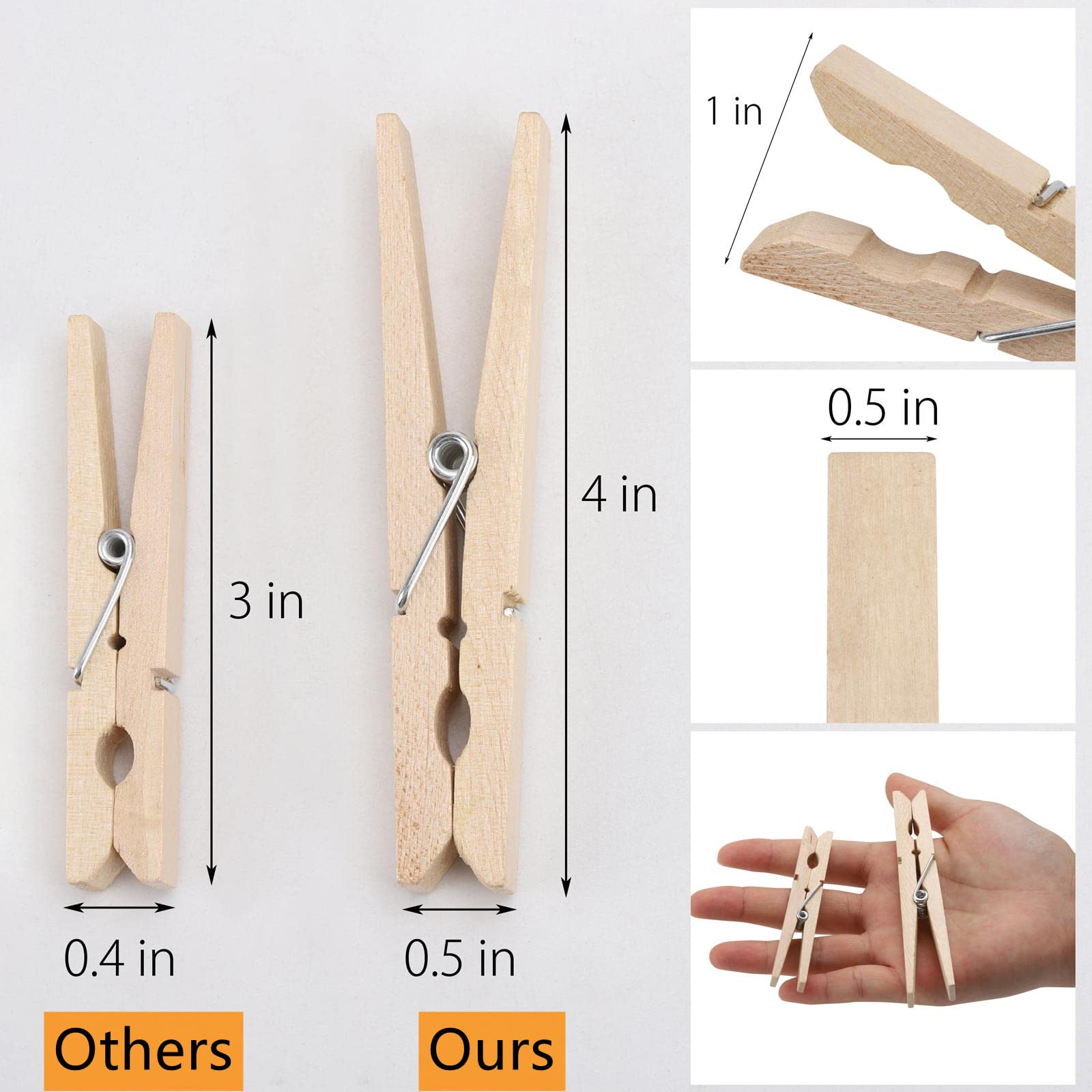 100pcs Clothes Pins Wood - 4 inch Heavy Duty Wooden Clothespins for Hanging Clothes Outdoor Clip Crafts
