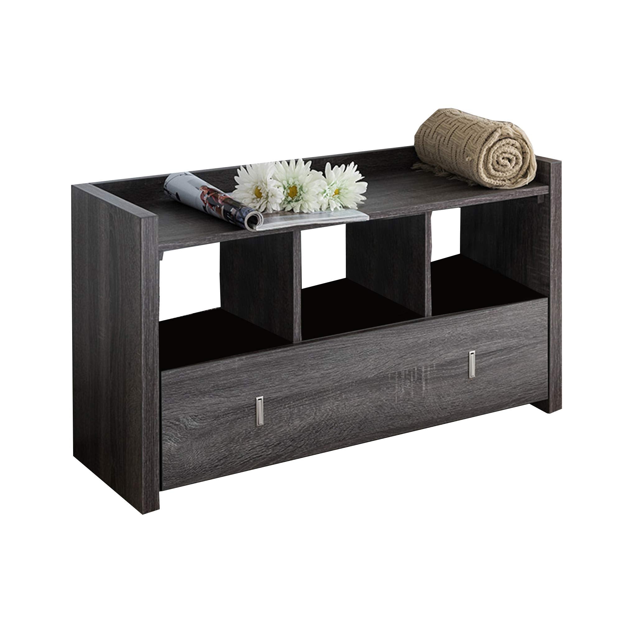 Benzara Wooden Storage Shoe Rack Bench with 3 Shelves and Raised Top, Distressed Gray