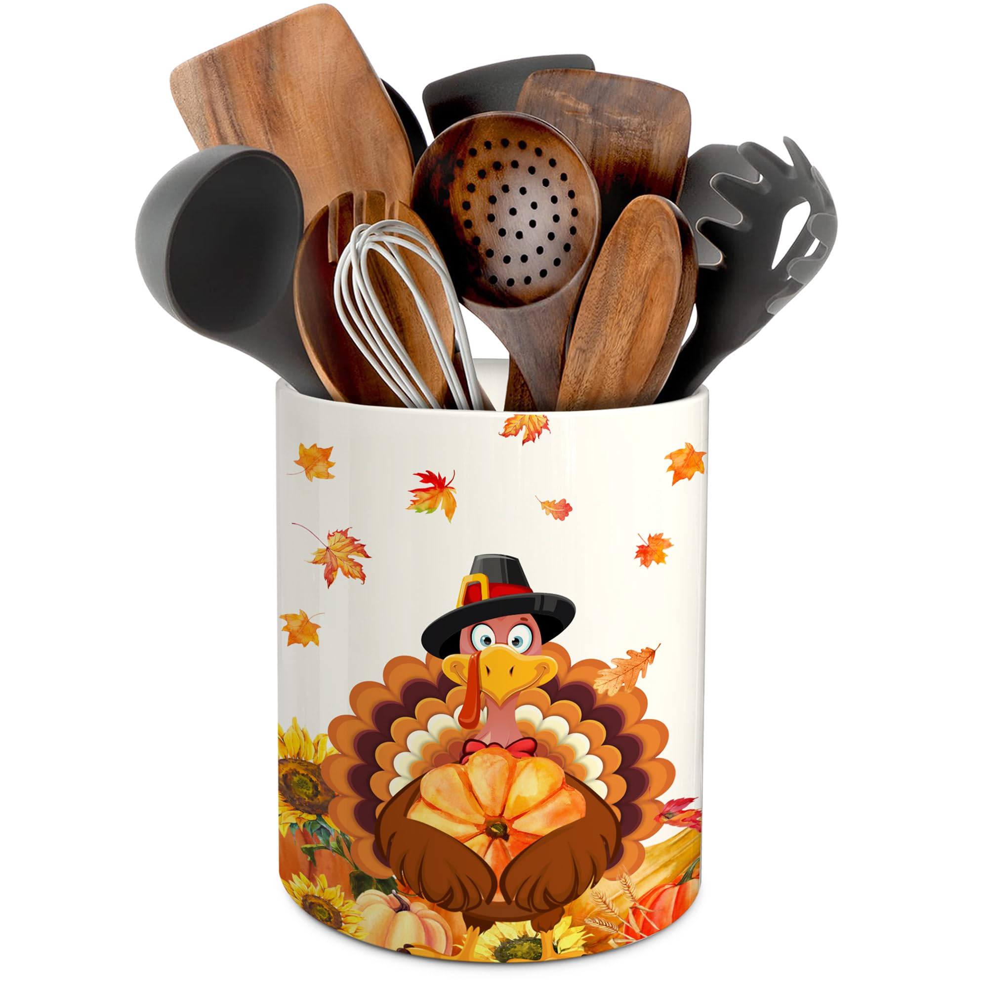 pinata Thanksgiving Kitchen Decor Ceramic Utensil Holder, Cute Thanksgiving Turkey Utensils Holder, Ceramic Utensils Crock for R