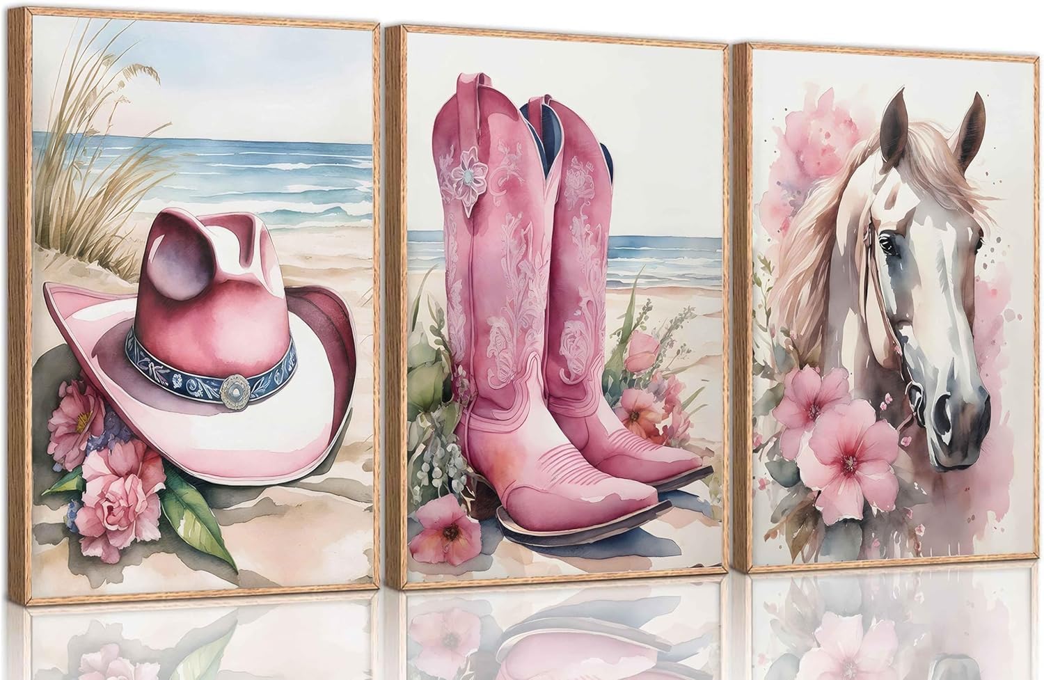 Djmwtb Coastal Cowgirl Canvas Wall Art Western Girl Room Decor Set of 3 Pink Flower Boots Hat Horse Pictures Trendy Preppy Poste