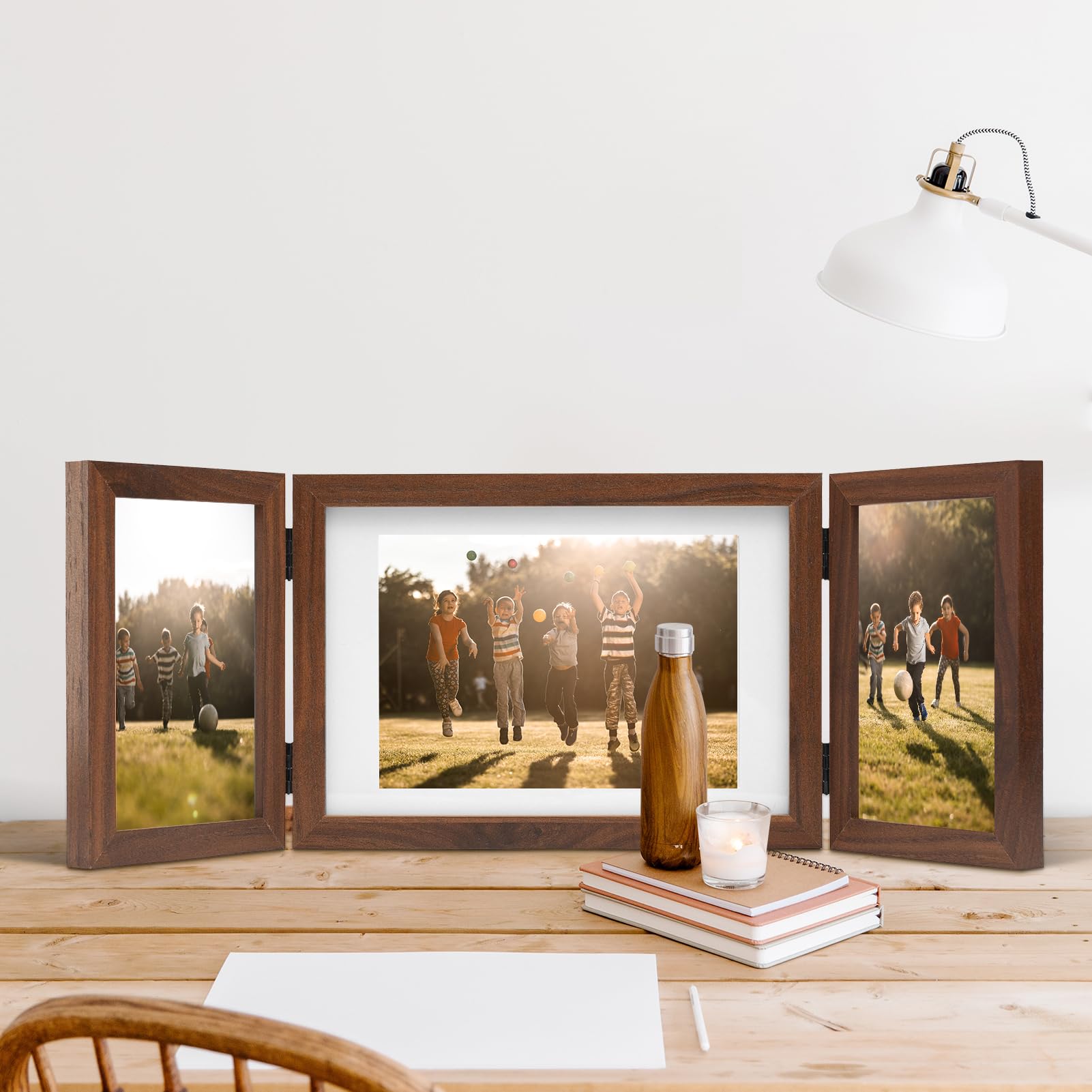 DECOCIAGA Hinged 3 Picture Frame 4x6 & 5x7 Folding Collage Photo Frames Multiple Wooden Desk Picture Frames with Mat for Office