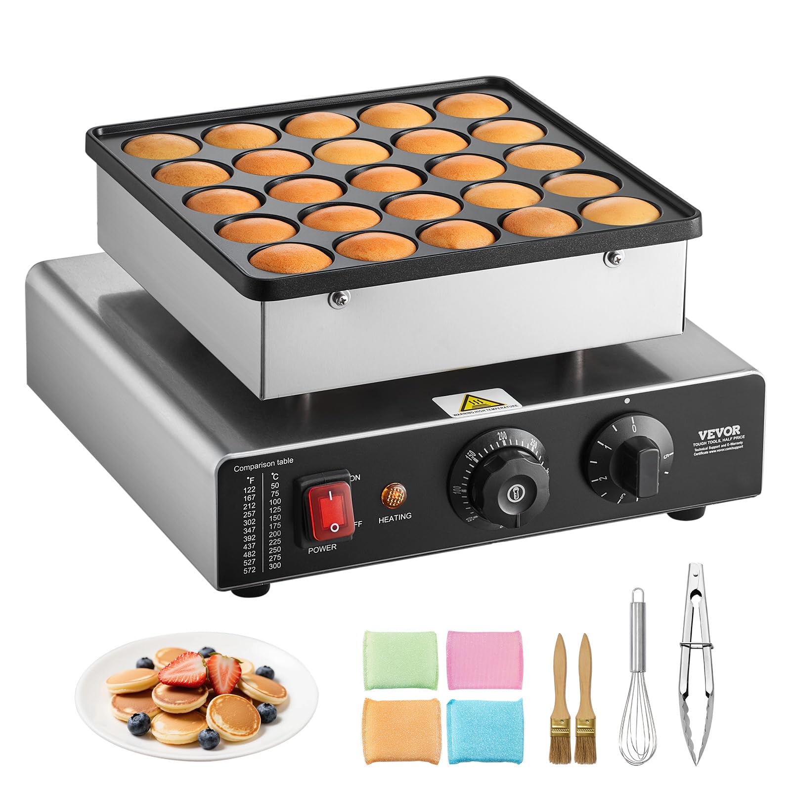 VEVOR Mini Pancake Maker, 25PCS 43mm Diameter Dutch Muffin Waffle Baker, Non-stick Stainless Steel Poffertjes Grill, Commercial 