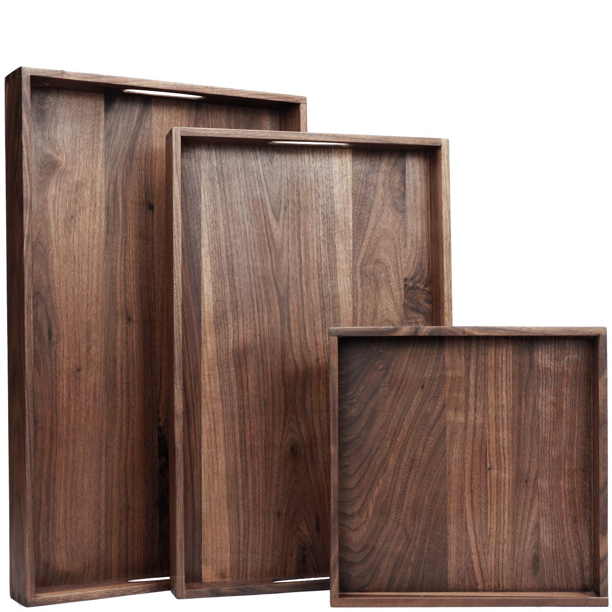 Magigo Set Of 3 Large Solid Black Walnut Wood Ottoman Tray With Handles, Serve Tea, Coffee Or Breakfast In Bed, Classic Wooden D
