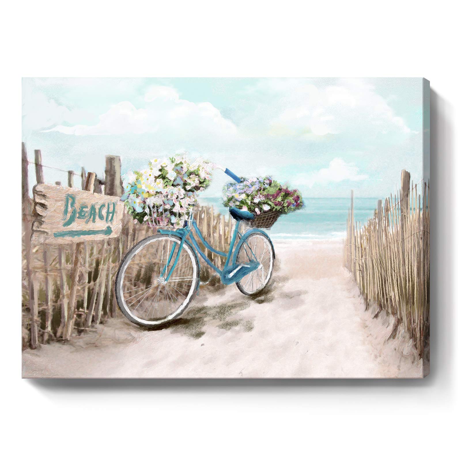Beach Canvas Wall Art For Bathroom Ocean Pictures Seaside Bicycle Canvas Print Seascape Painting Framed Teal Aqua Blue Calming S