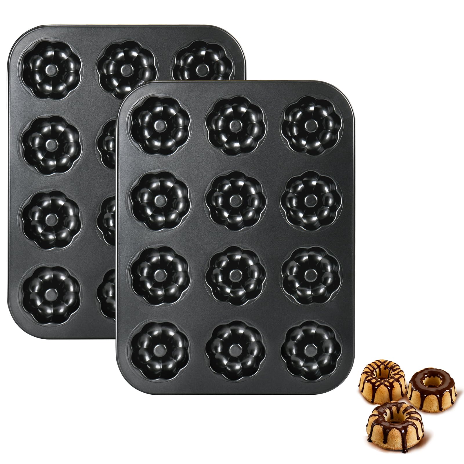 2 Pack Mini Bundt Cake Pans for Baking, 12 Cavity Nonstick Fluted Tube Pan
