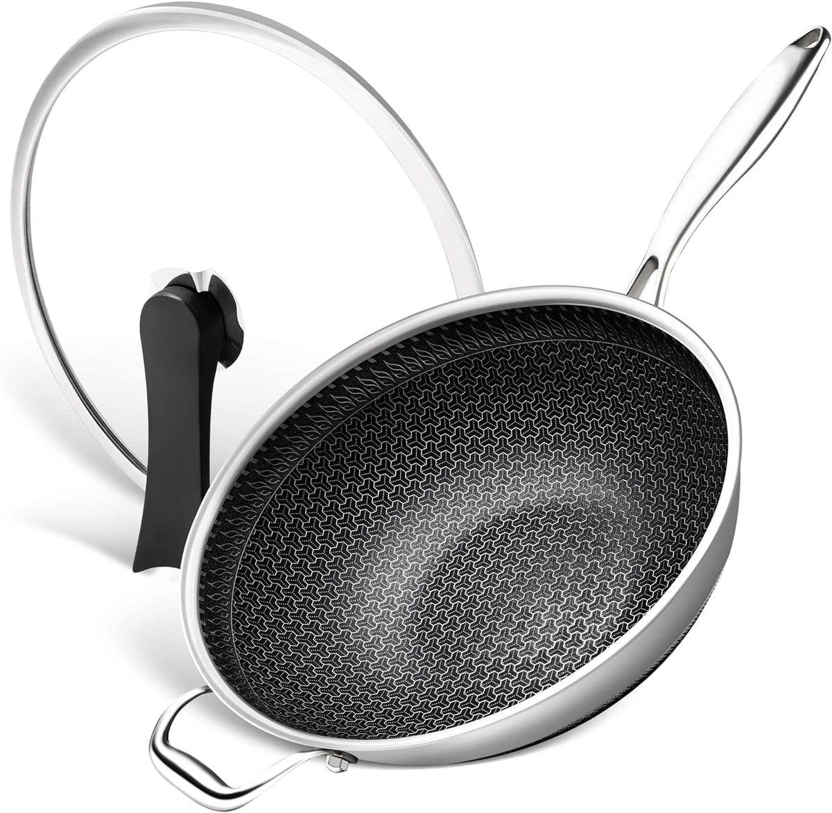 Michelangelo Honeycomb Wok Pan With Lid, 12.5 Inch Stainless Steel Woks & Stir-Fry Pans With Stay Cool Handle, Flat Bottom Wok W