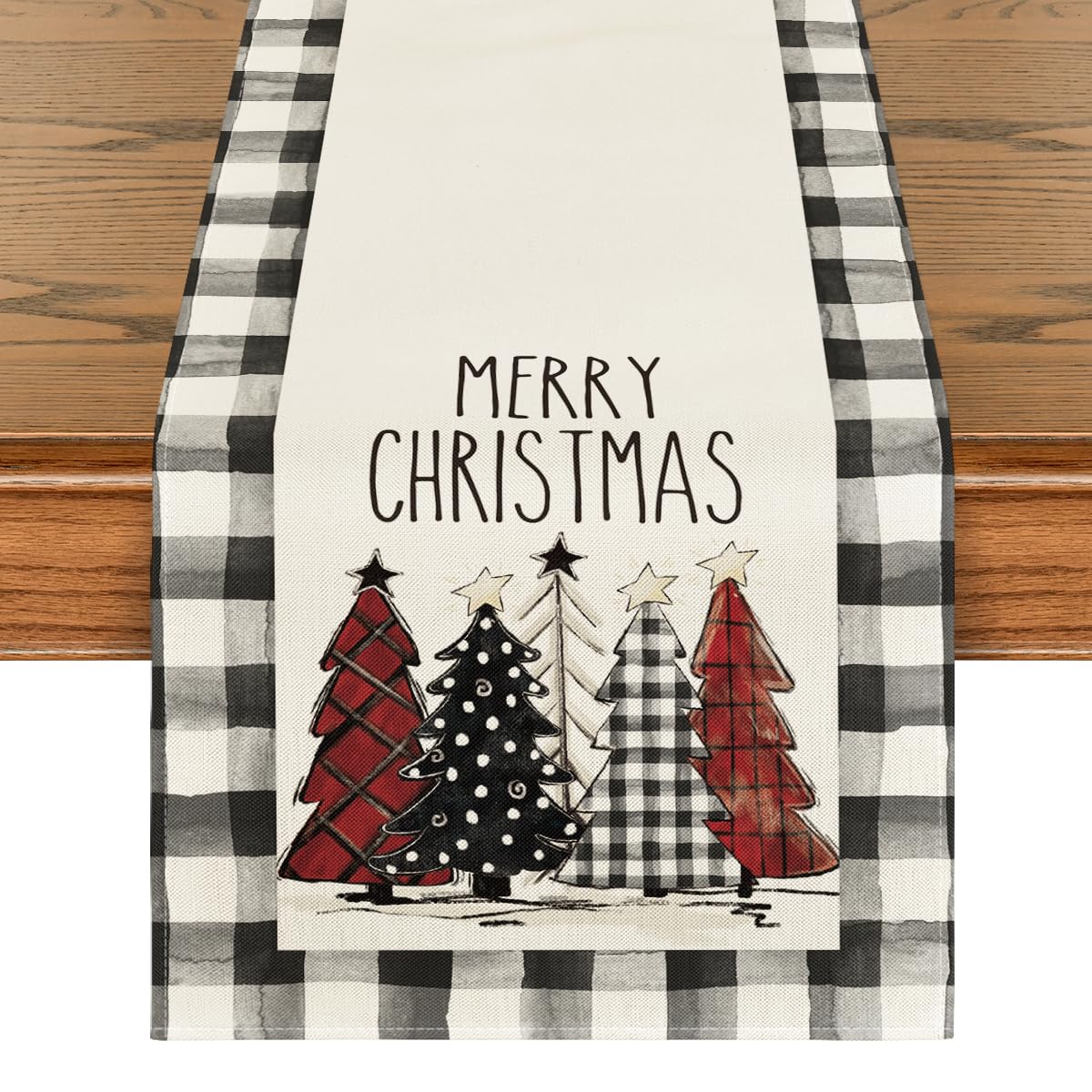 Artoid Mode Waterclor Buffalo Plaid Christmas Trees Merry Xmas Table Runner, Seasonal Winter Holiday Kitchen Dining Table Decora
