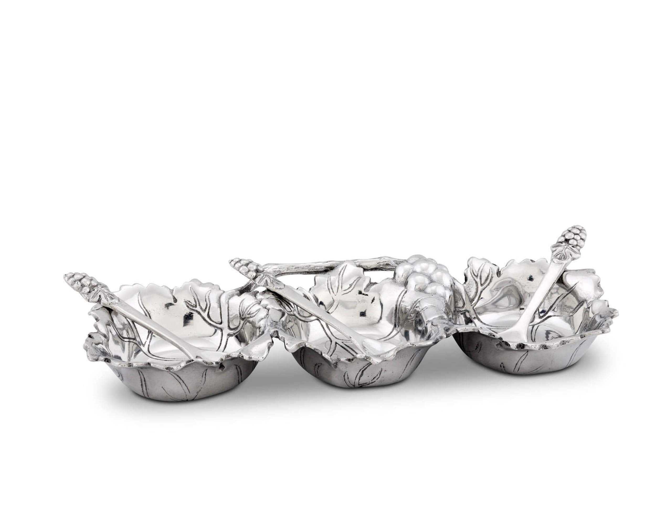 Arthur Court Designs Aluminum 3 Bowl Grape Condiment Server With Serving Spoons 13 Inch Across