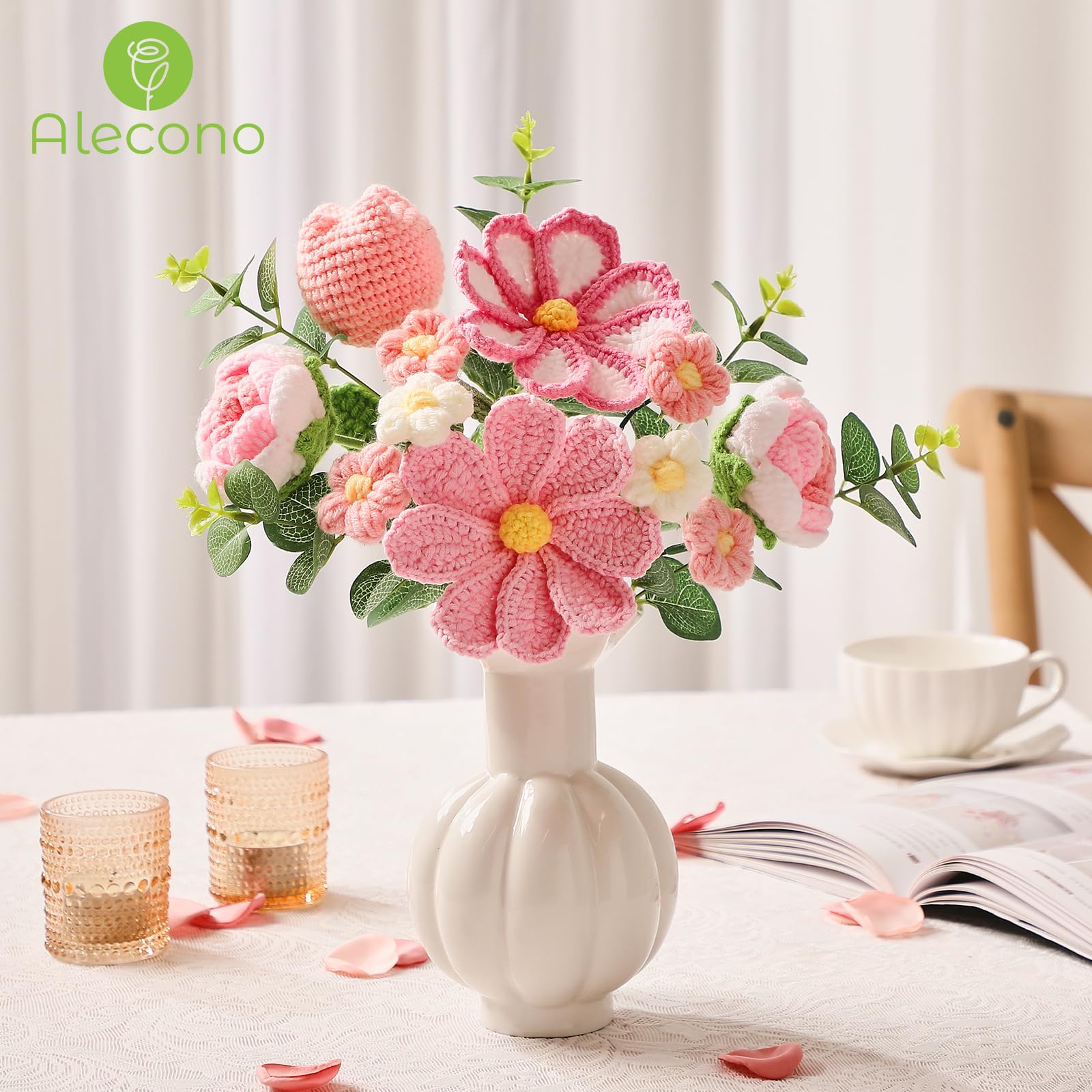 Alecono Crochet Flower Bouquet, Pink Knitted Flowers, Crochet Tulip Galsang Flower for Lover Anniversary Birthday Party Mother s